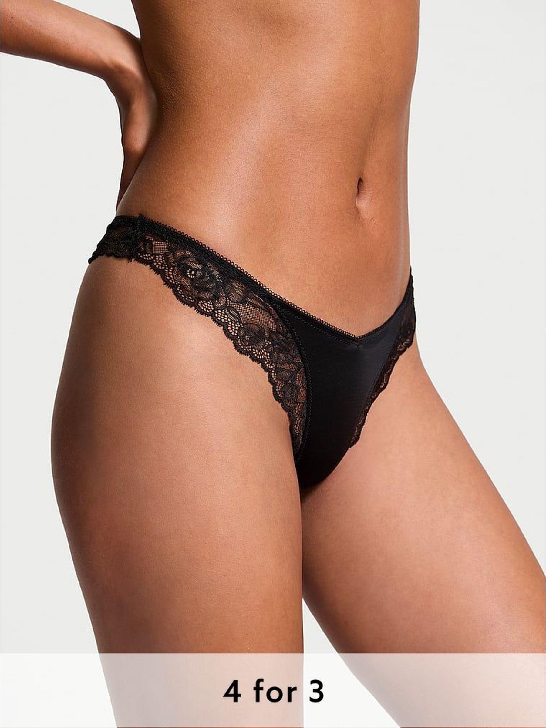 Black Thong Rose Lace Trim Knickers (H28863) | £14