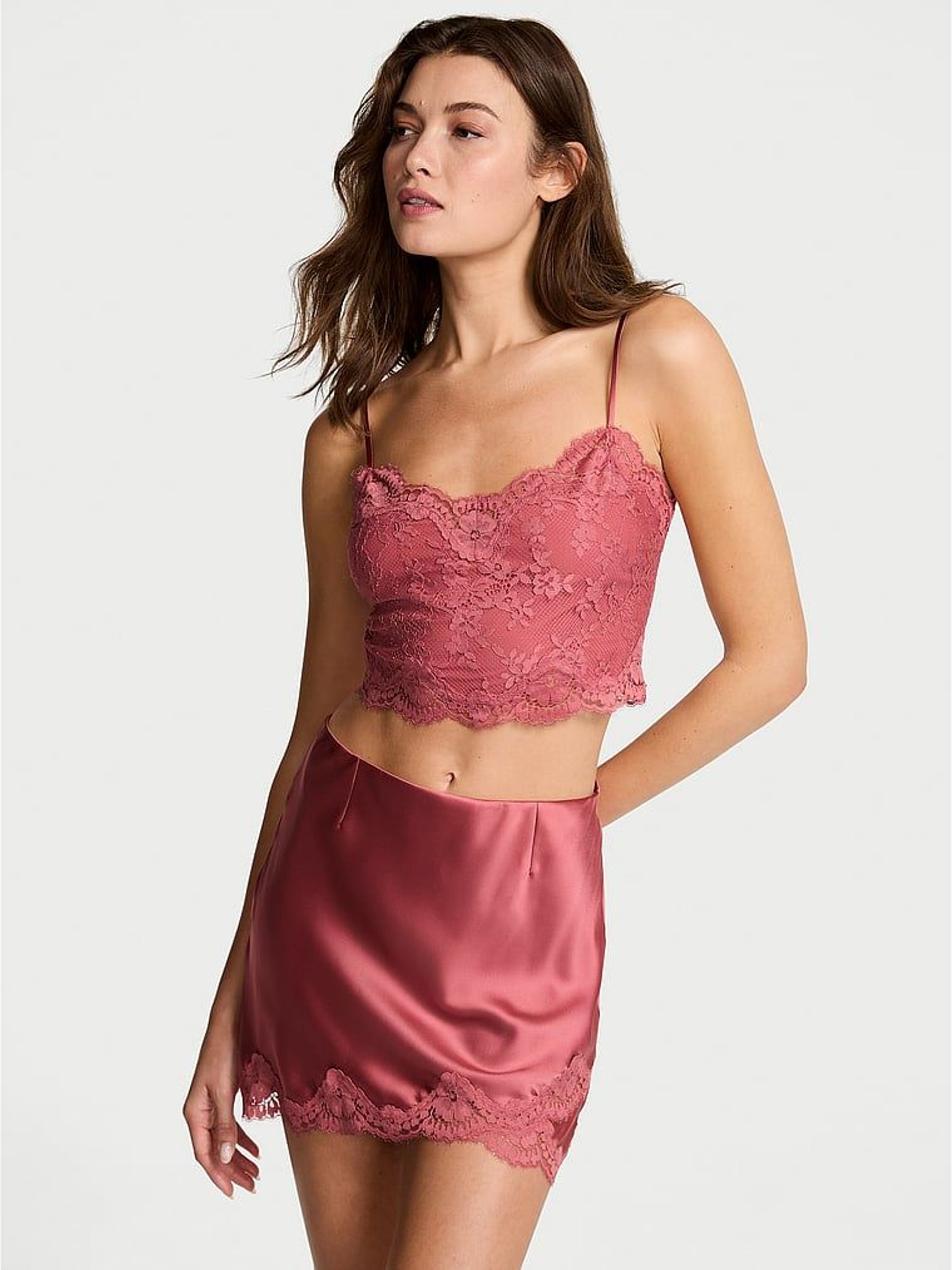 Seductive Rose Pink Satin Lace Cami and Mini Skirt Set (H30412) | £75