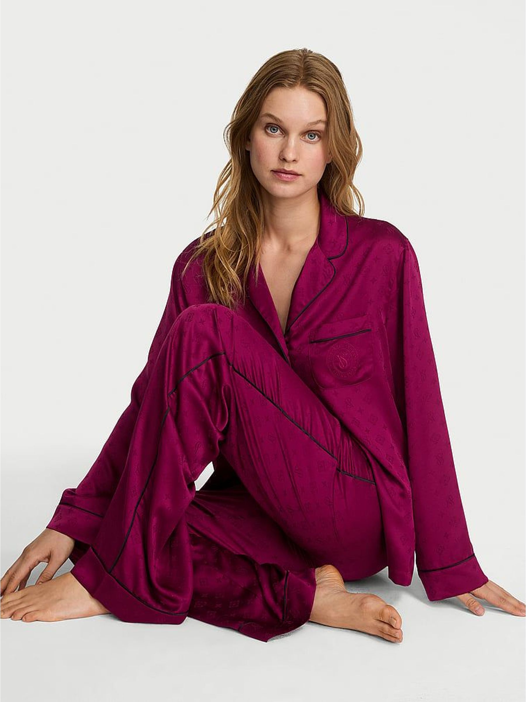 Logo Fresh Jam Jacquard Purple Satin Long Pyjamas Set (H30441) | £69