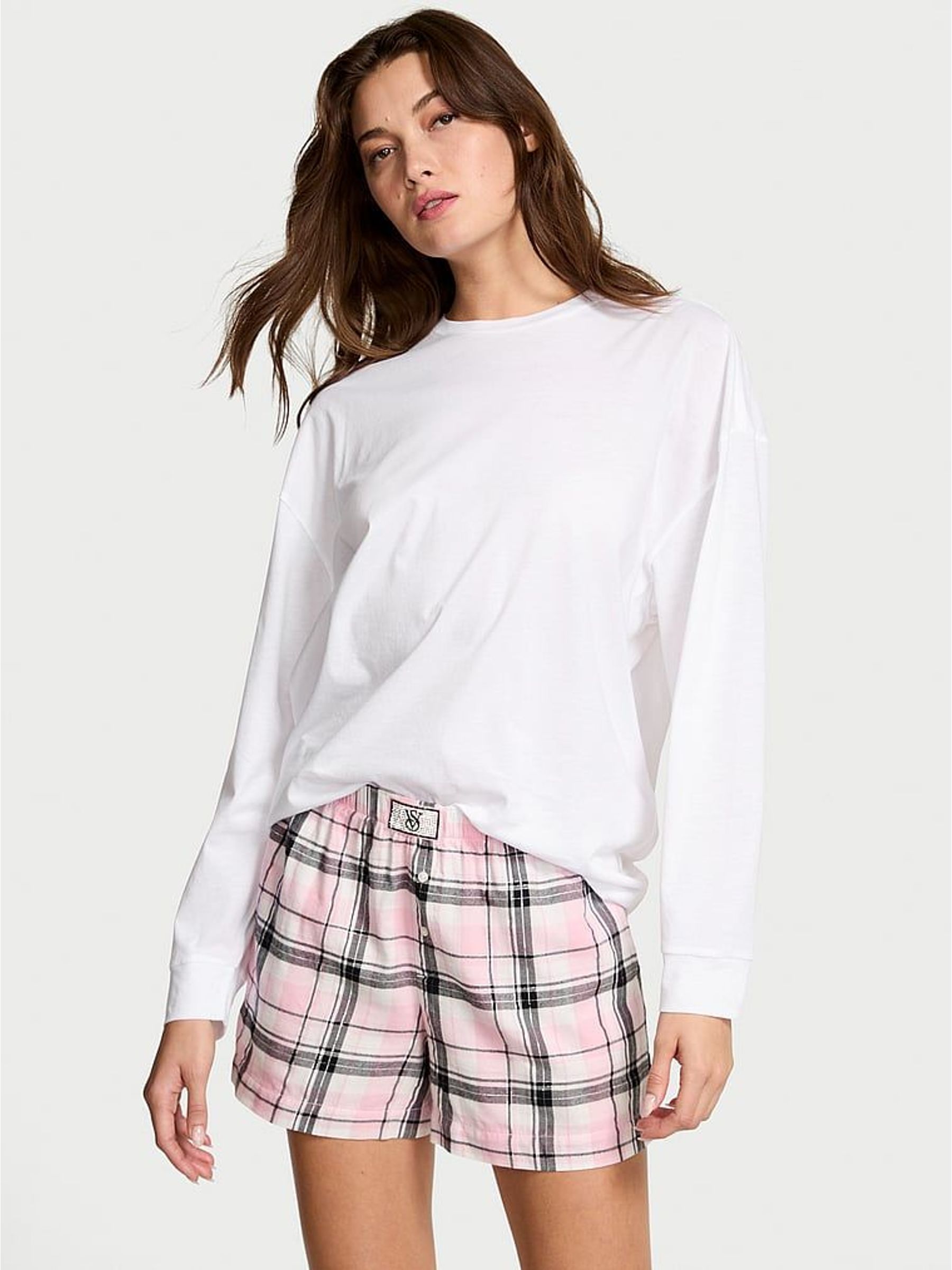 White/Pink/Black/Gold Lurex Stripe Flannel Long Sleeve Shorts Pyjamas Set (H30784) | £45