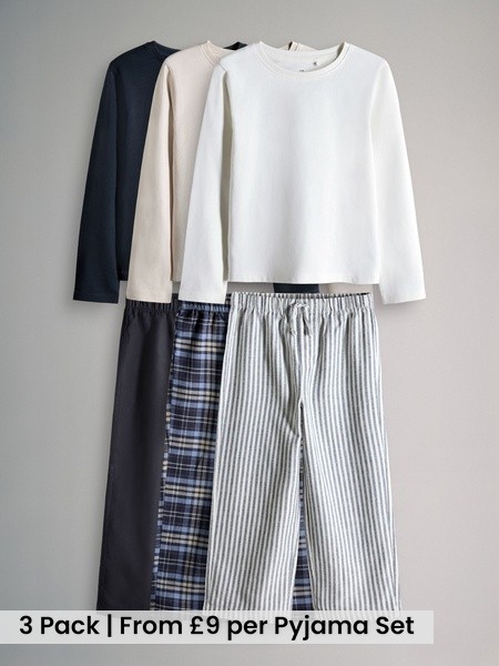 Navy Blue/Cream/Check Long Sleeve Cotton Jersey T-Shirt and Woven Bottom Pyjamas Set 3 Pack (H30848) | £27 - £33