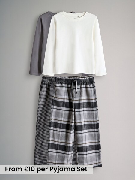 Grey Check/Black/Cream 3 Pack Long Sleeve Cotton Jersey T-Shirt and Woven Bottom Pyjamas Set (H30849) | £20 - £24