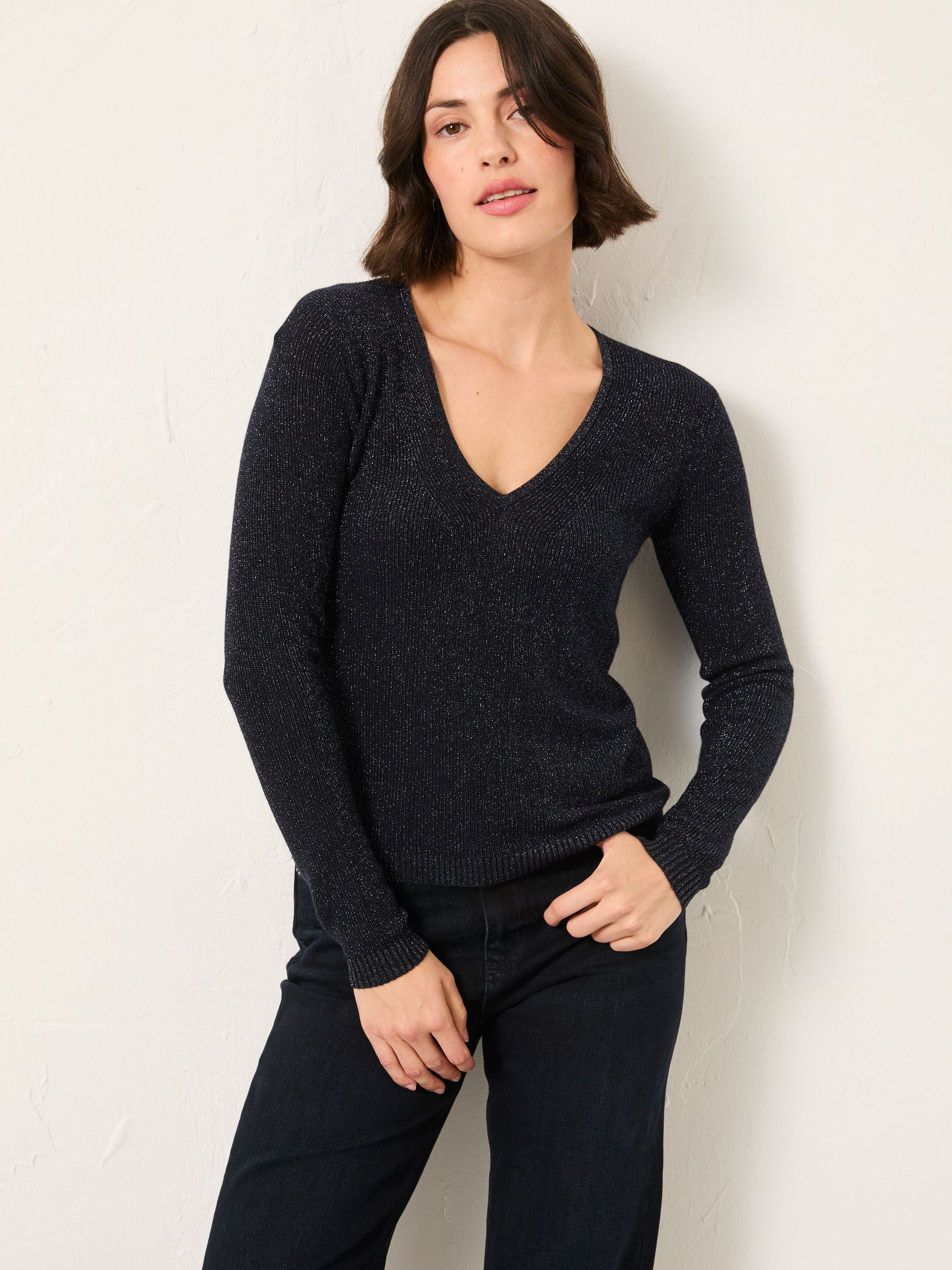 Ada Navy Sparkle V Neck Knitted Jumper (H35885) | £49.50