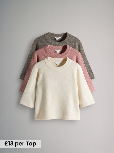 3 Pack Crew Neck Knitted T-Shirts with Wool (H36470) | £39