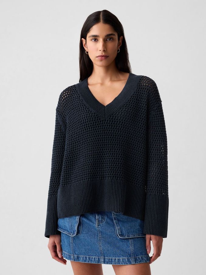 Navy/Blue Cotton 24/7 Split-Hem Crochet Jumper (H37263) | £18