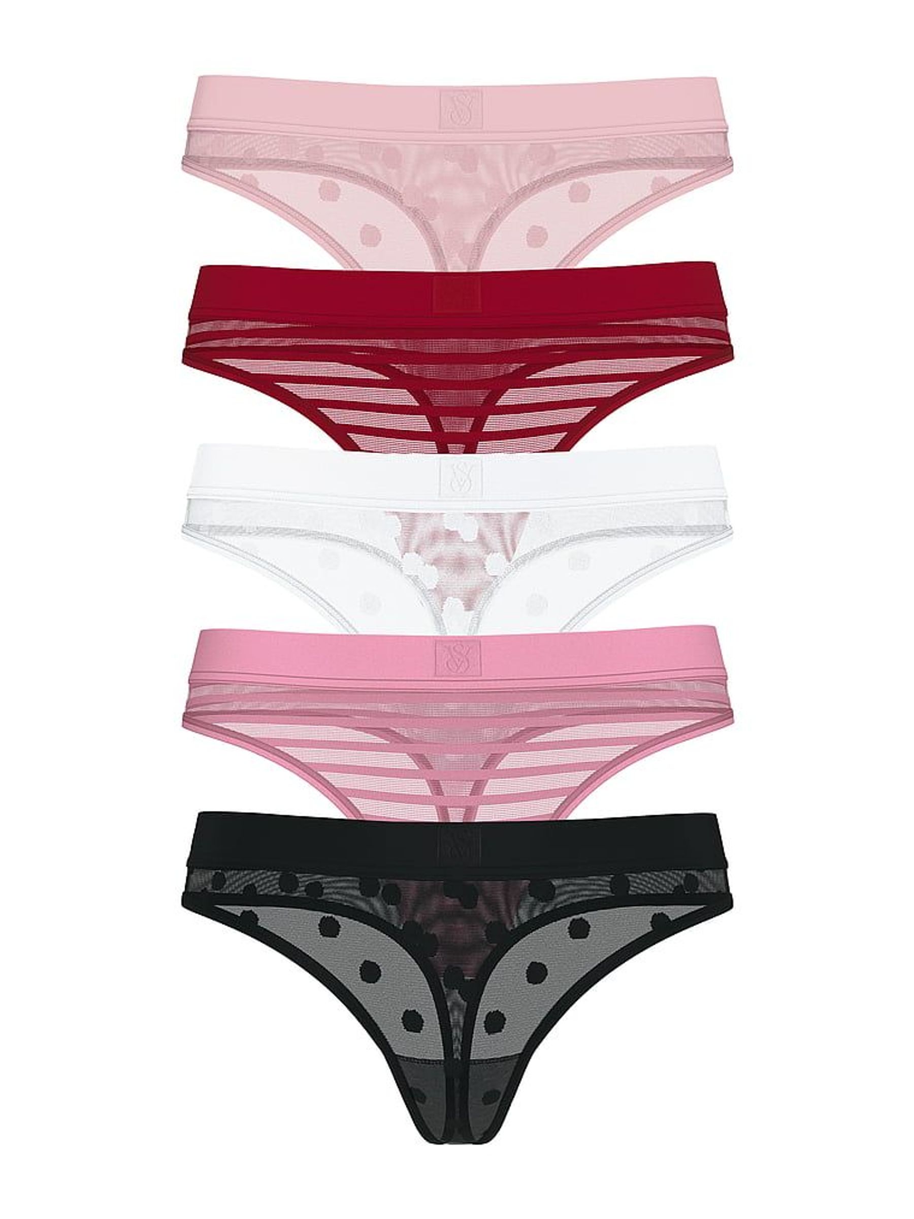 Pink/Red/Black/White Thong 5 Pack Sheer Logo Knickers (H37788) | £25