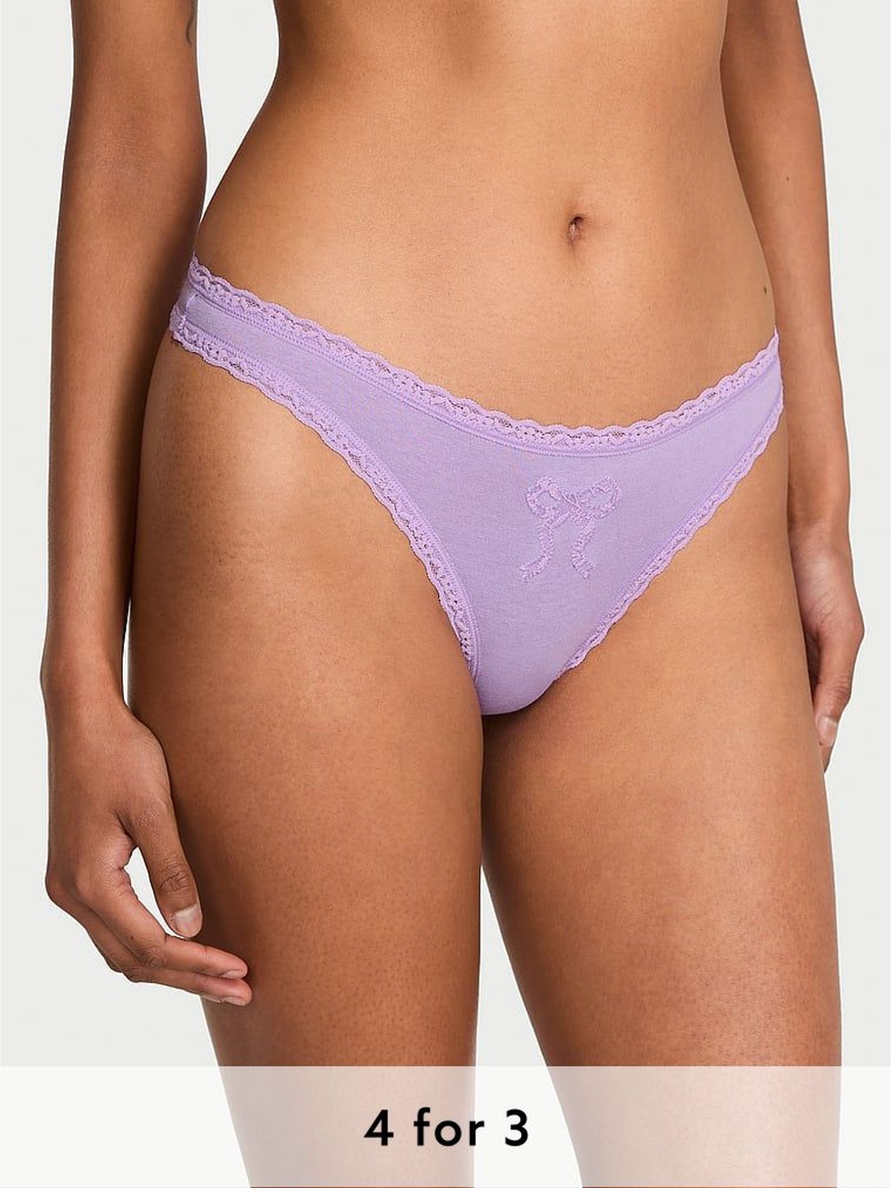 Jasmine Purple Bow Thong Cotton Lace Trim Knickers (H37813) | £9