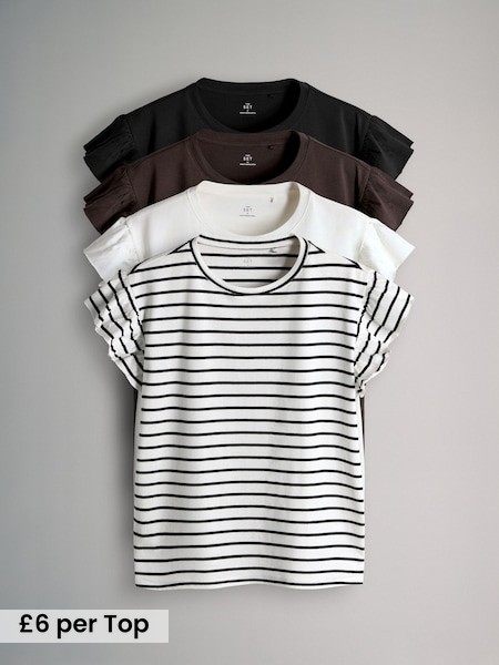 Brown/Black/Stripe/White - 4 Pack Ruffle Short Sleeve T-Shirts (H37944) | £24