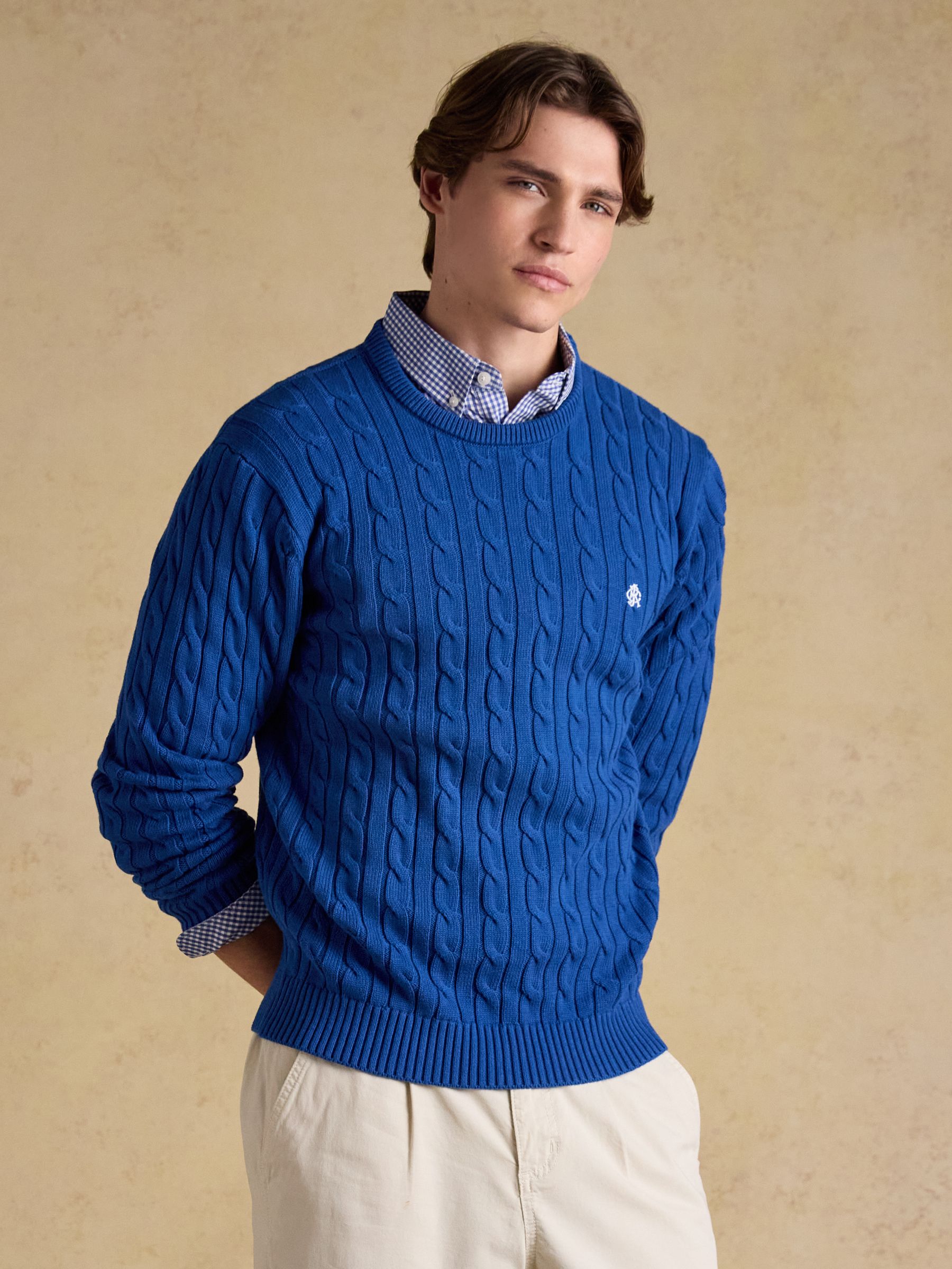 Blue Crew Neck Cotton Cable Knit Jumper