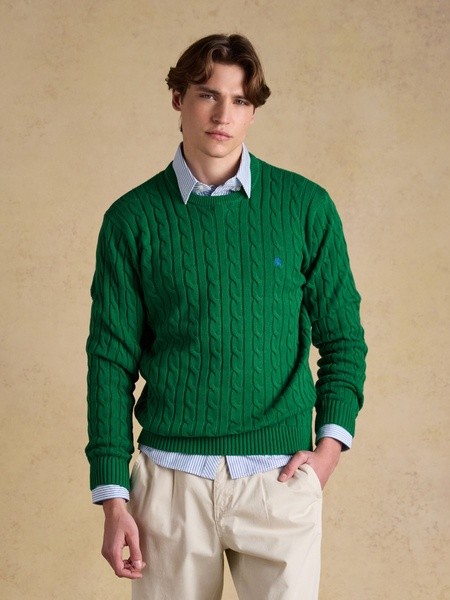 Green Crew Neck Cotton Cable Knit Jumper