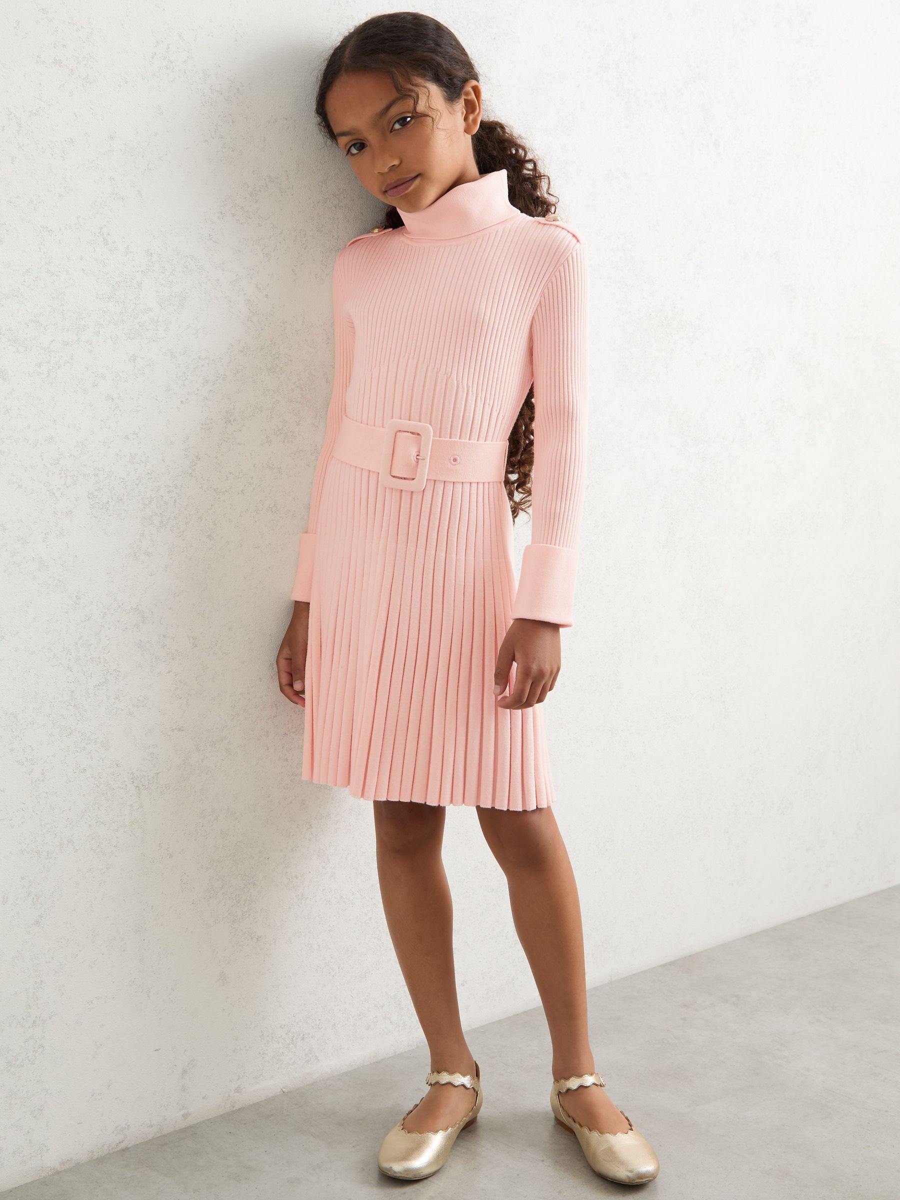 3-9 yrs Rib-Knit Roll-Neck Belted Dress in Pink (H39333) | £68