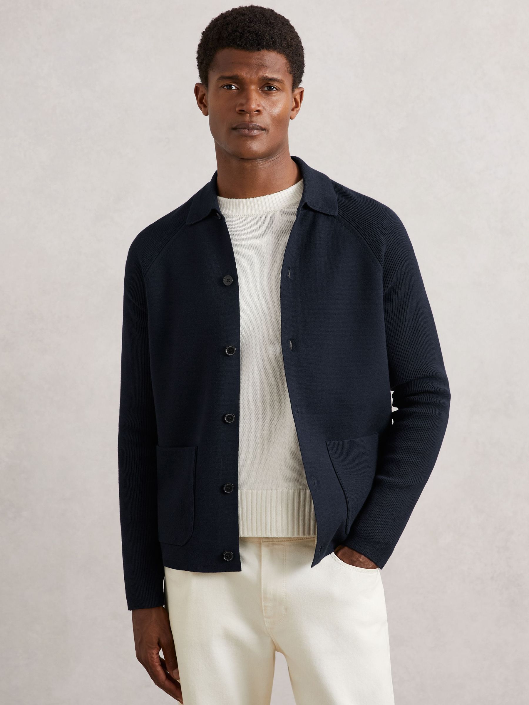Button-Through Ribbed-Sleeve Shirt in Navy Blue (H39705) | £158