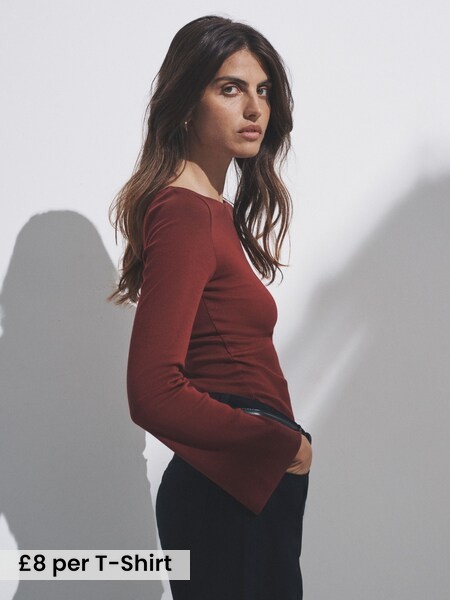 Black/Khaki Green/Burgundy - 3 Pack Ribbed Flare Sleeve T-Shirts (H40046) | £24