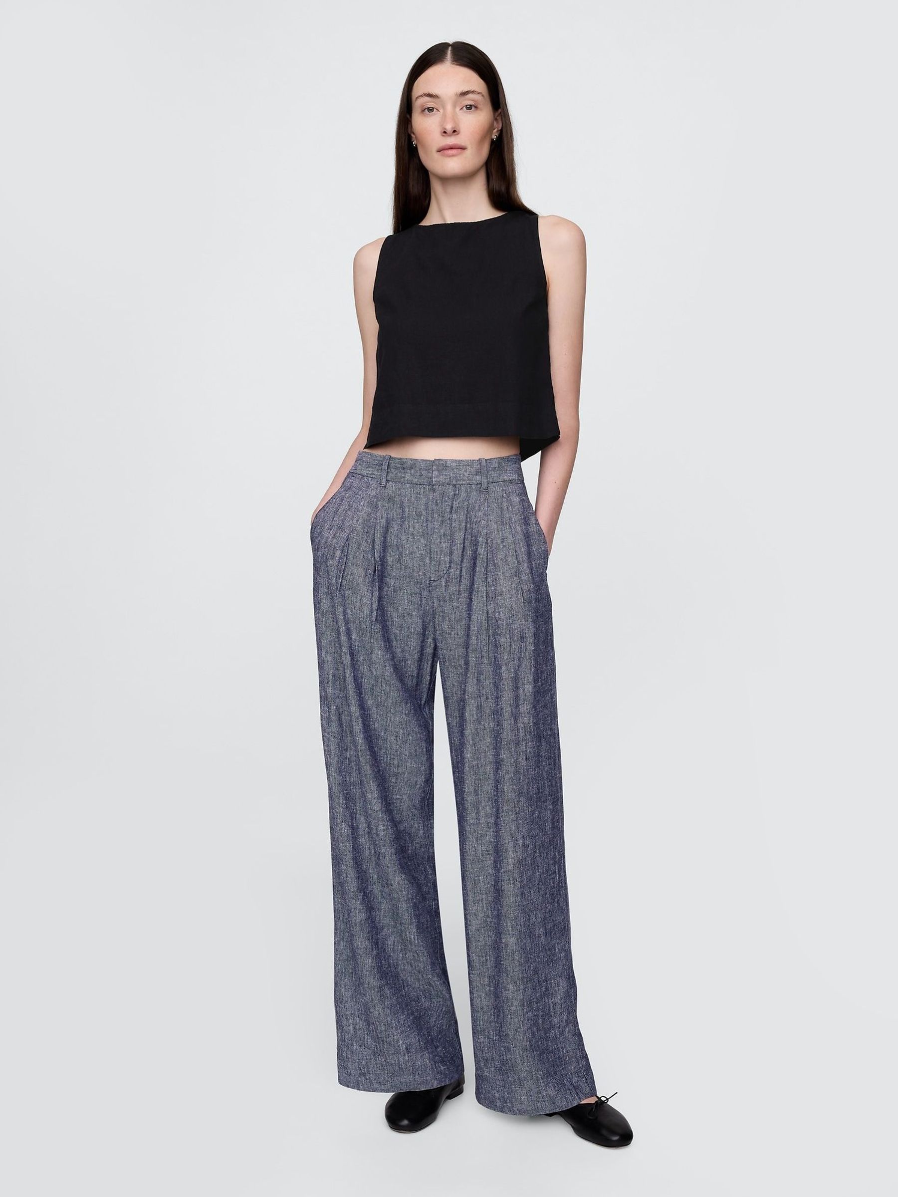 Navy Blue 365 High Waisted Linen-Blend Trousers (H41691) | £60