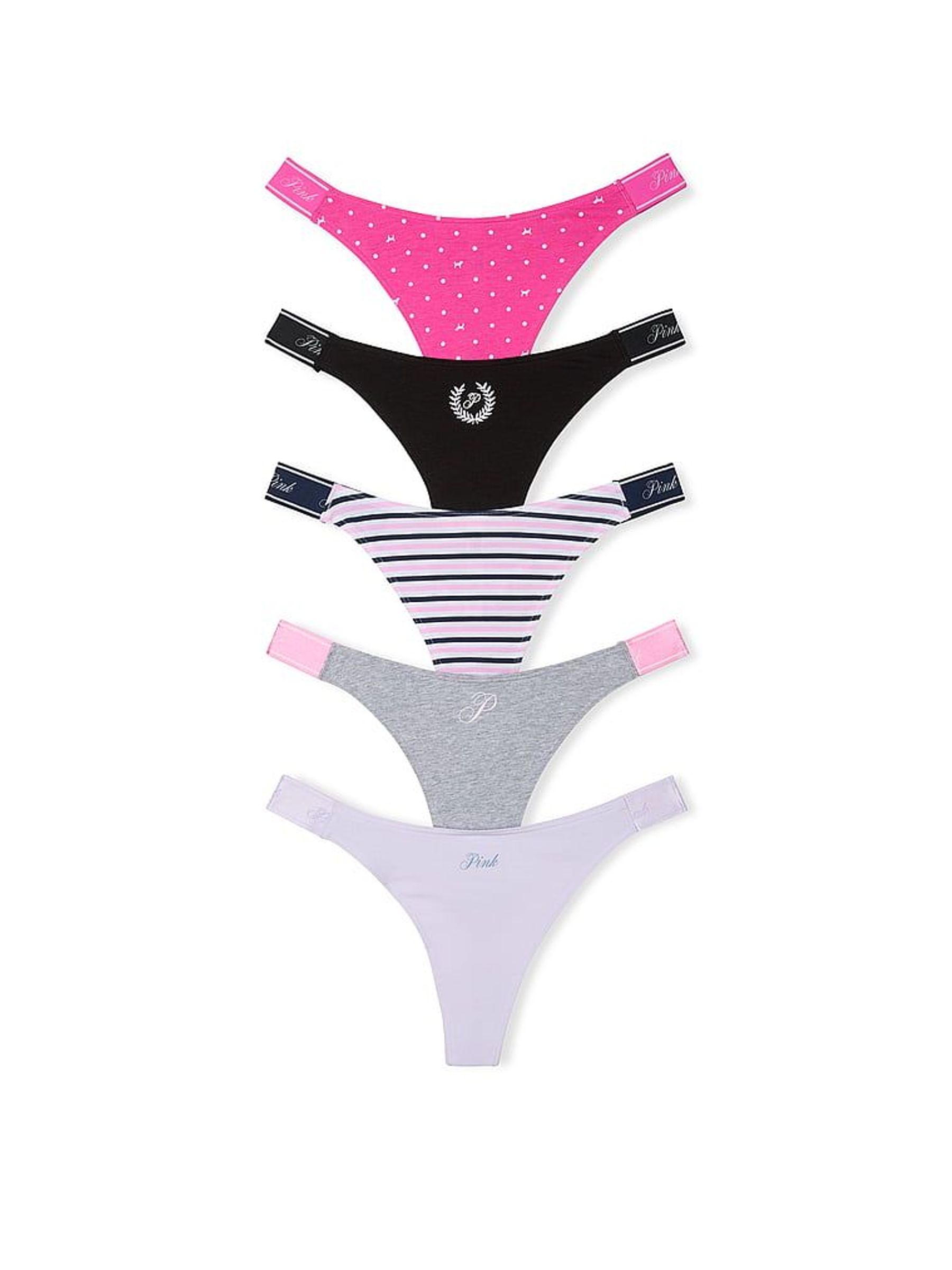 Black/Grey/White/Brown/Pink Thong Cotton Logo Knickers 5 Pack (H43086) | £27