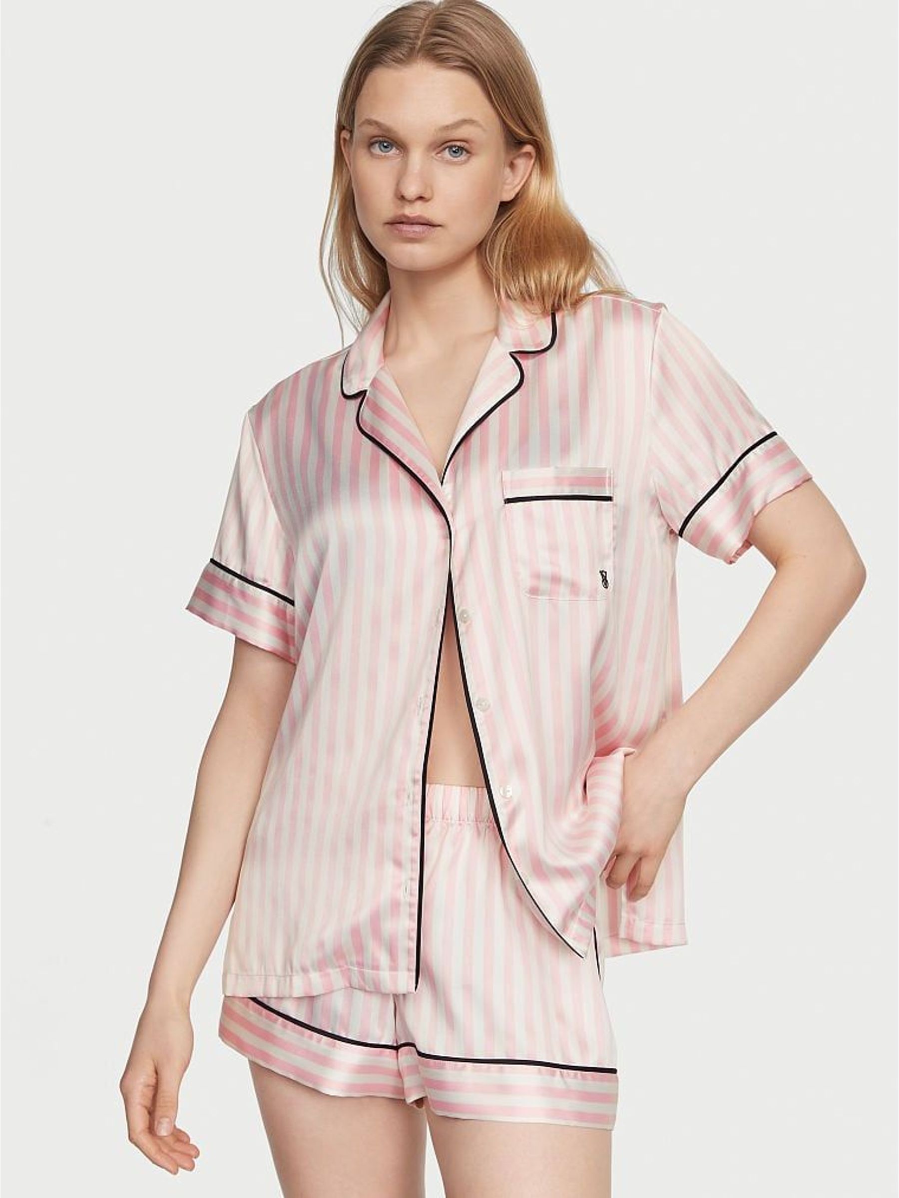 New Pink Iconic Stripe Satin Short Pyjamas Set (H43387) | £65
