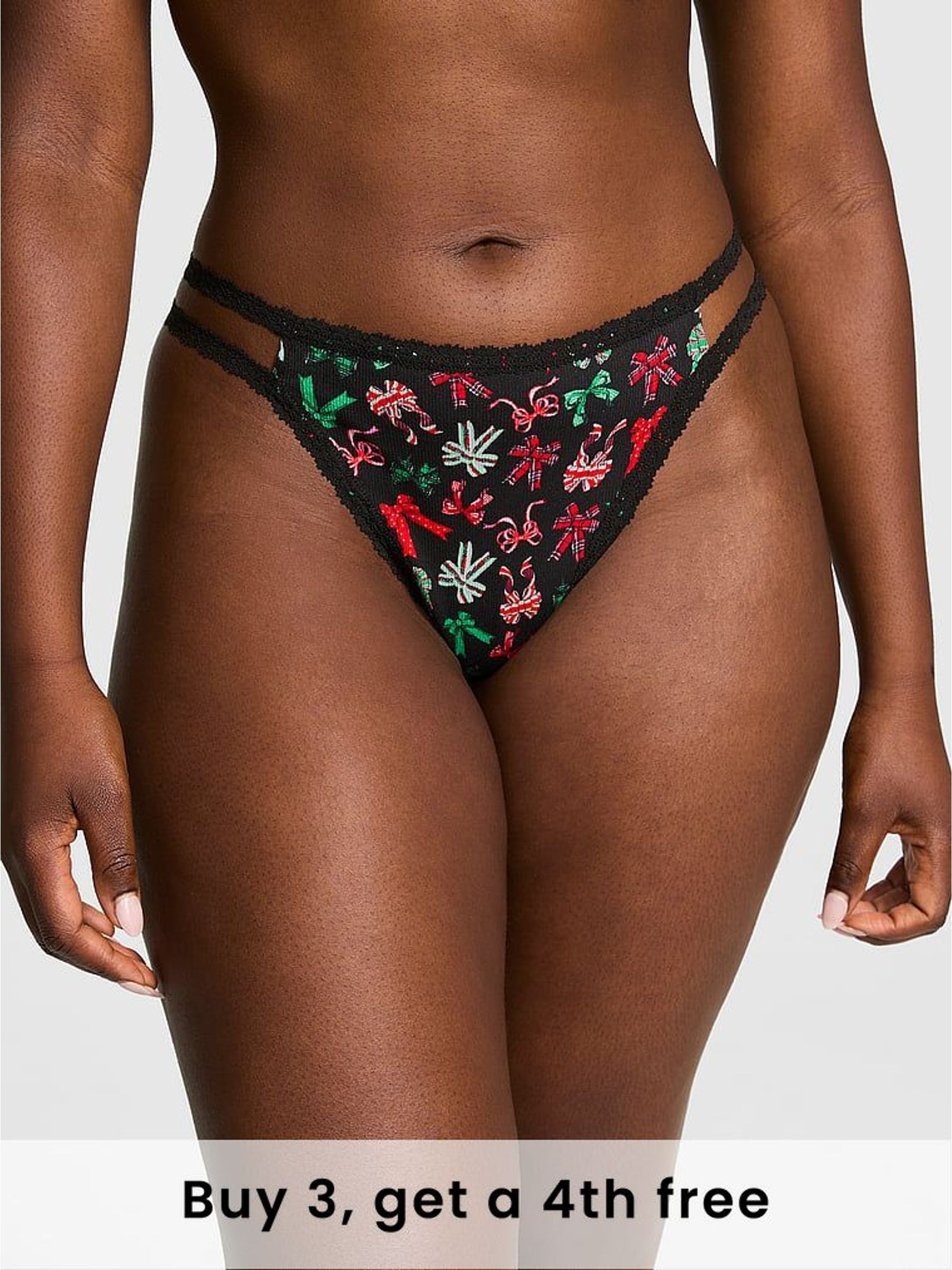 Black Bows Thong Lace Trim Rib Knickers (H43574) | £9