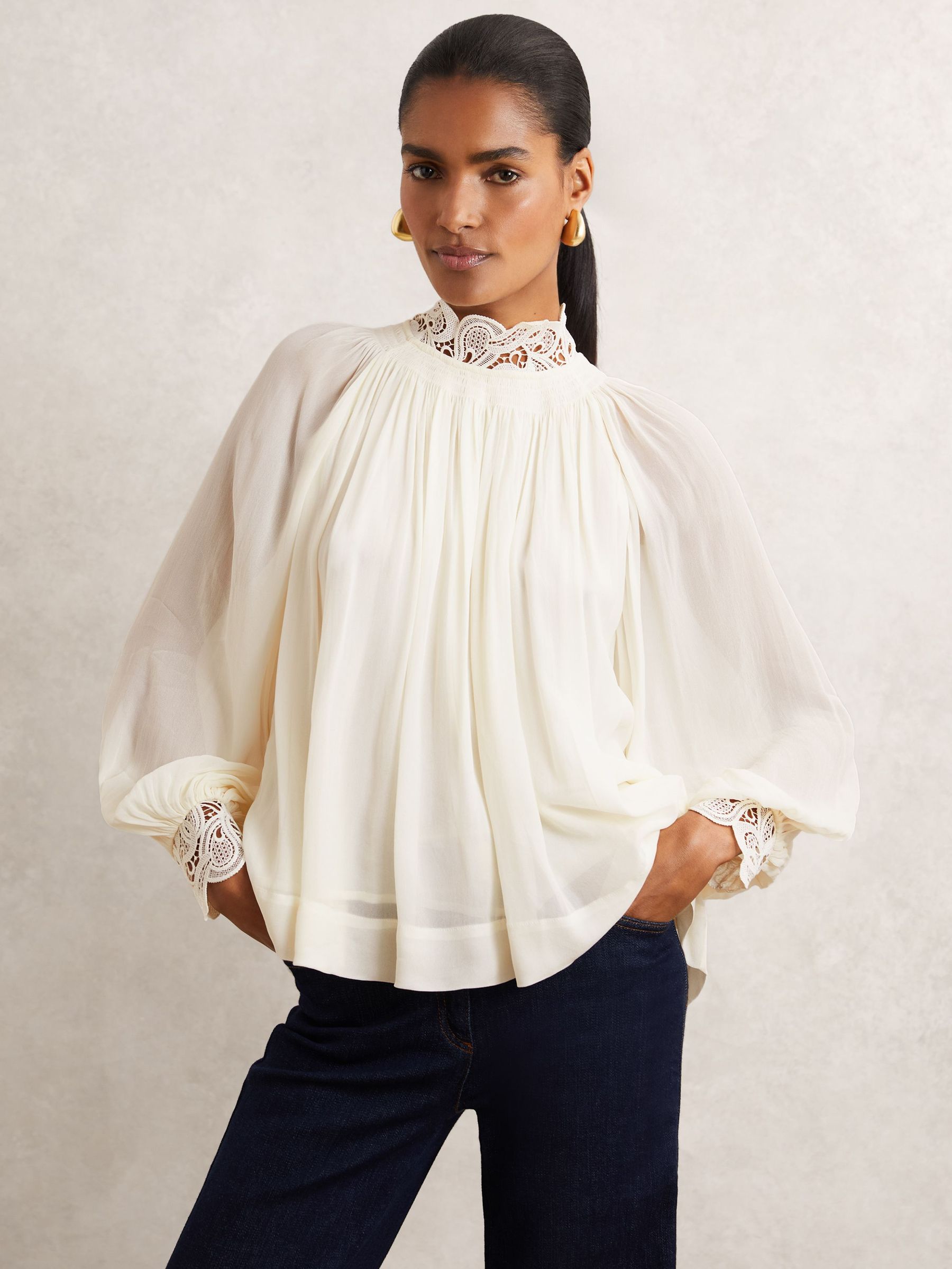 Lace-Trim Draped Chiffon Top in Cream (H44689) | £158