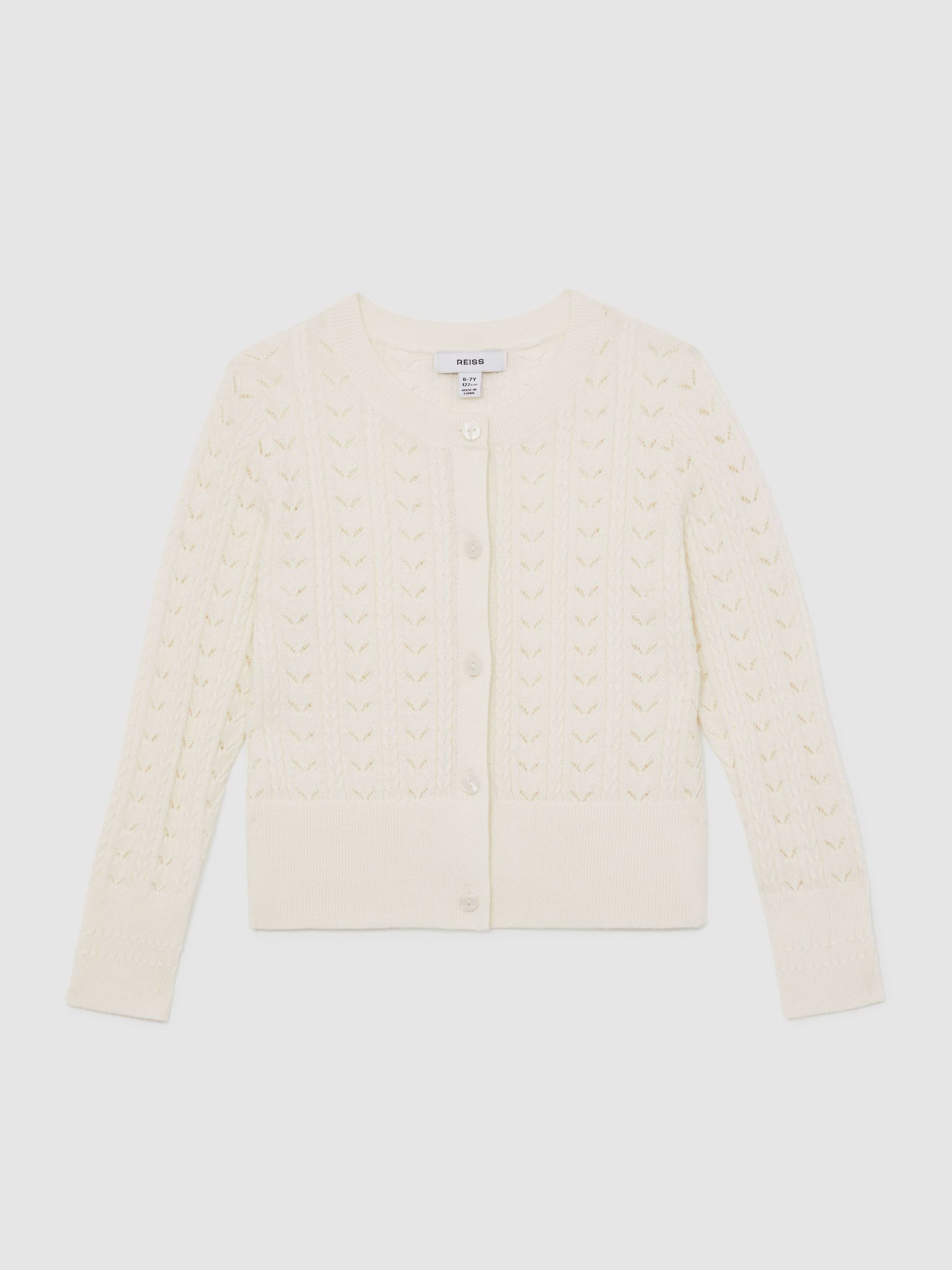 13-14 yrs Wool-Cotton Pointelle Cardigan in Ivory (H44699) | £50
