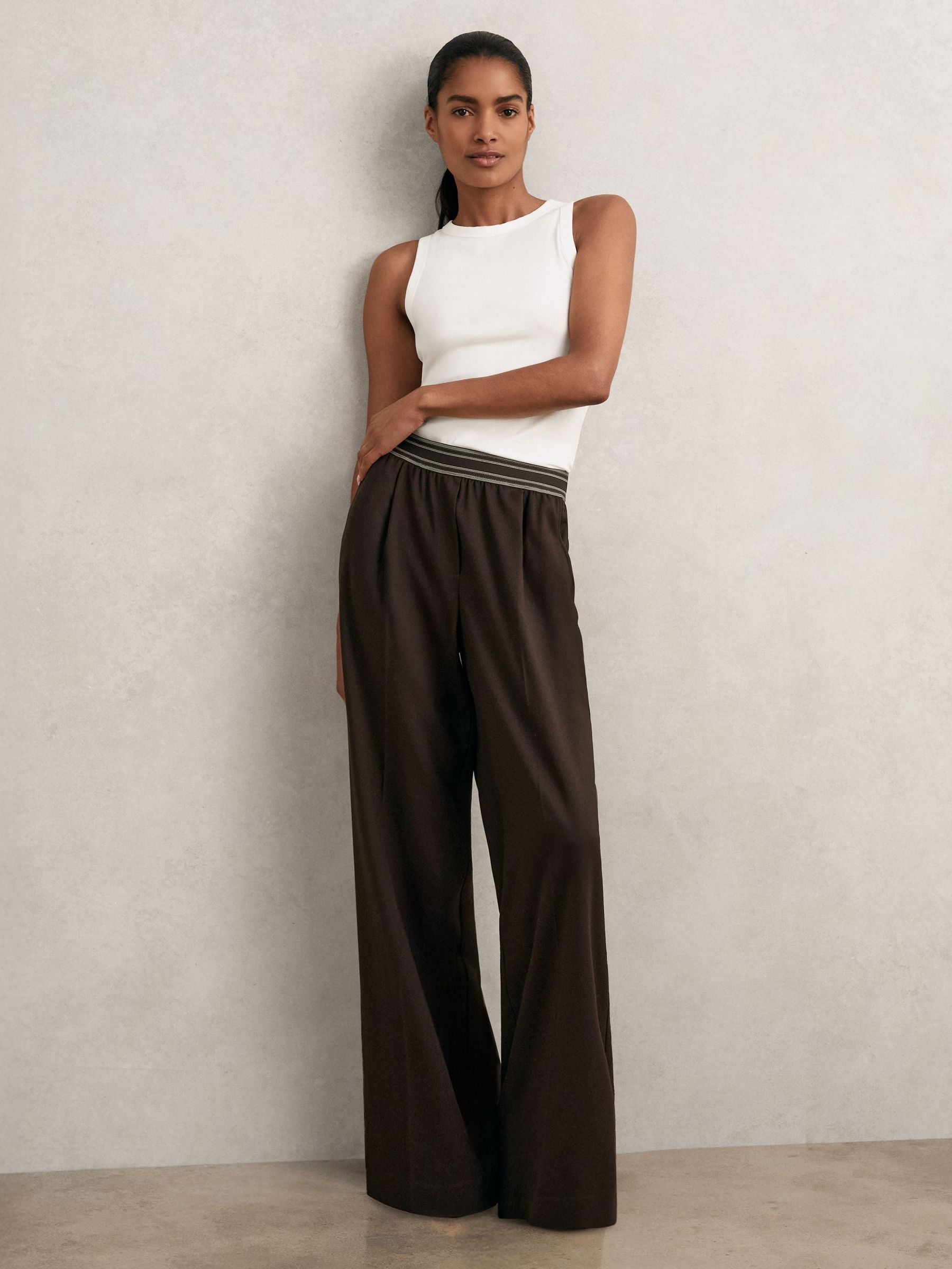 Wide-Leg Contrast-Waistband Trousers in Chocolate Brown (H44712) | £150