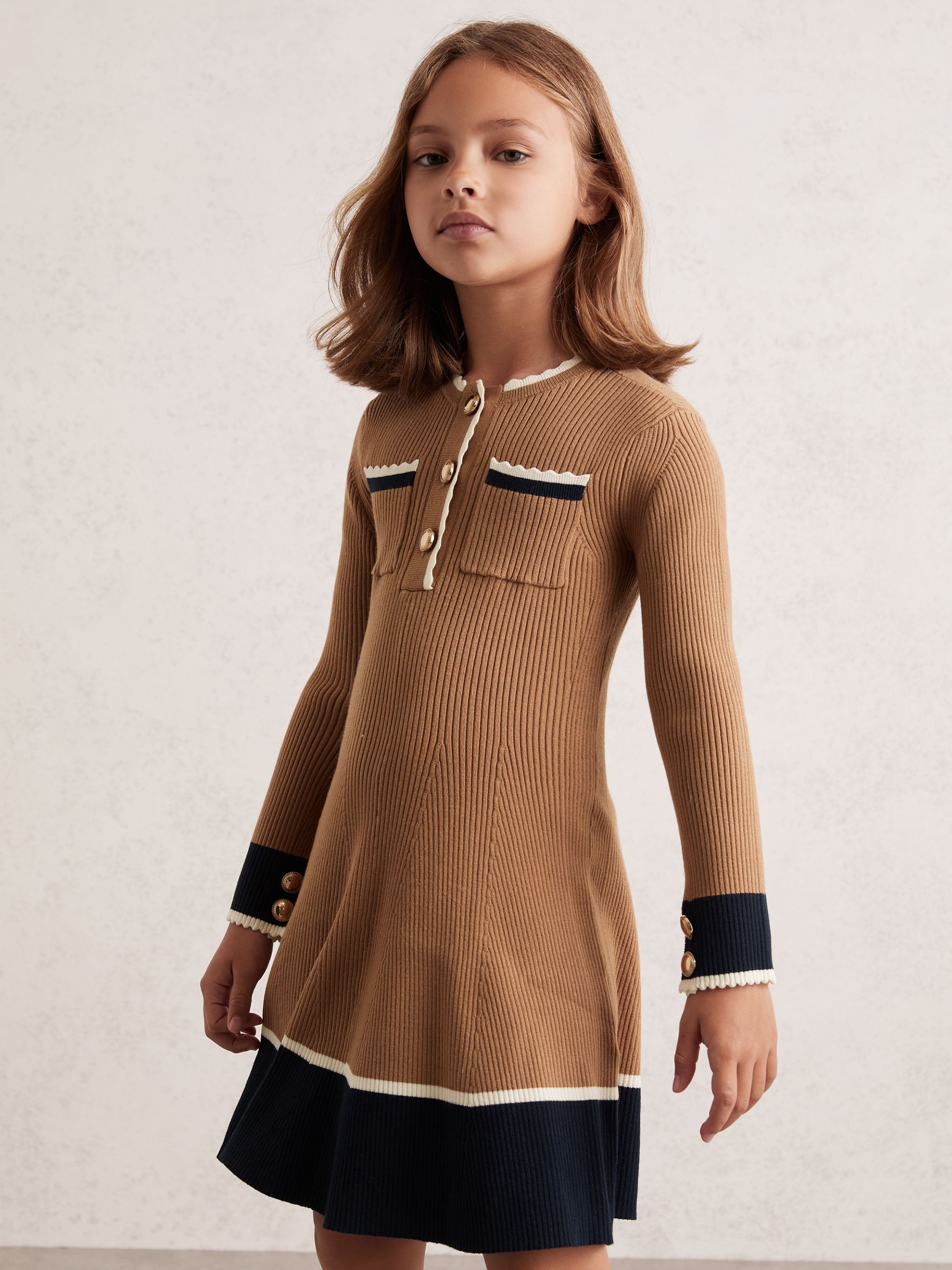 9-13 yrs Scallop-Trim Rib-Knit Dress in Camel (H44720) | £76