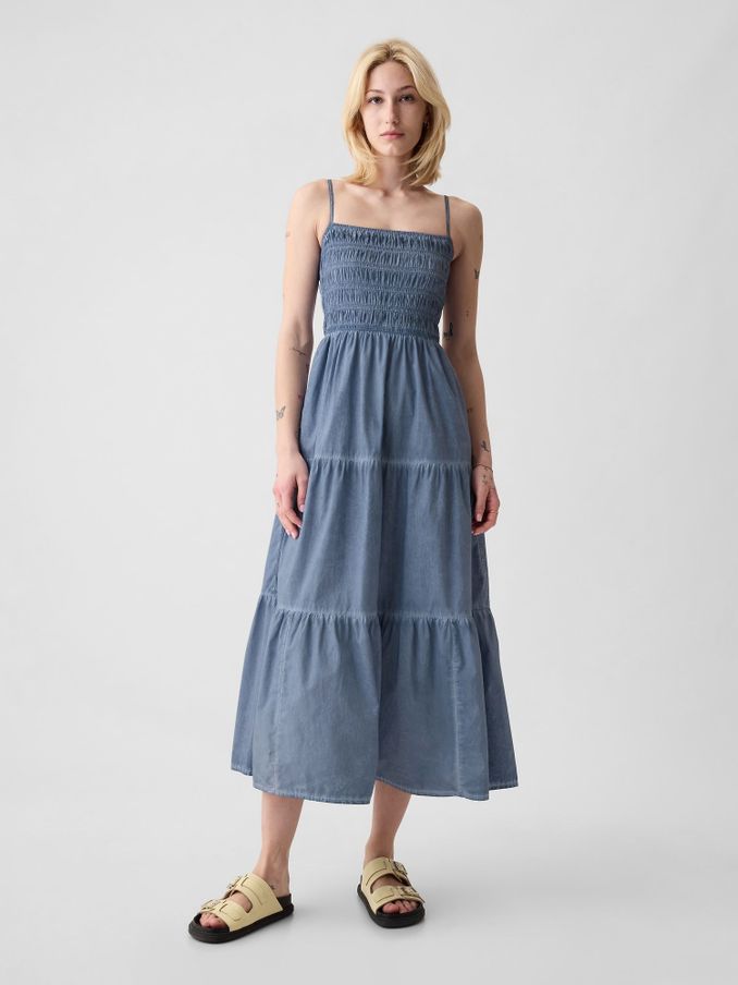 Blue Cotton Smocked Tiered Midi Dress (H46388) | £19