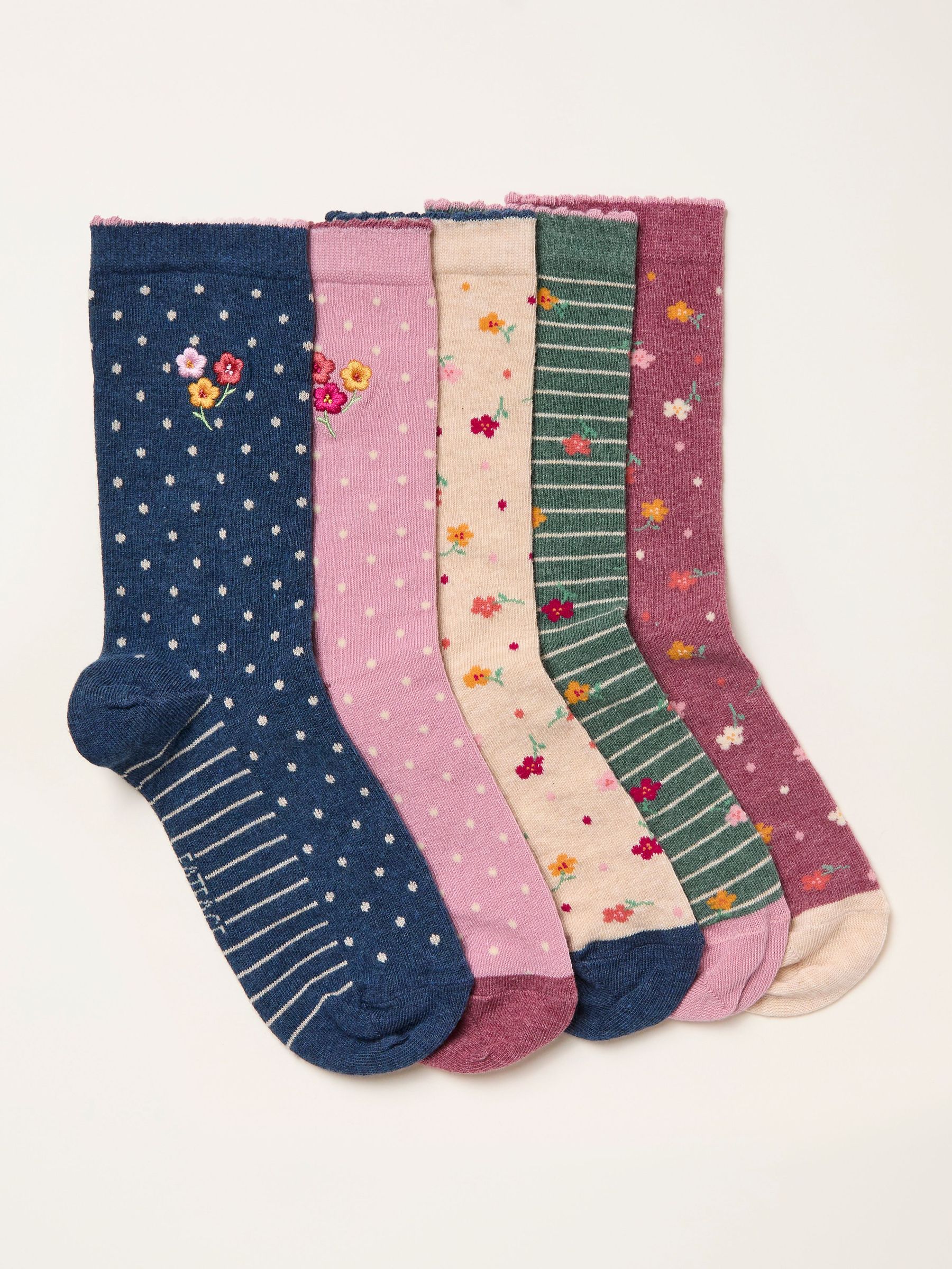 Navy Blue 5 pairs of Floral Stripe Socks (H46768) | £20