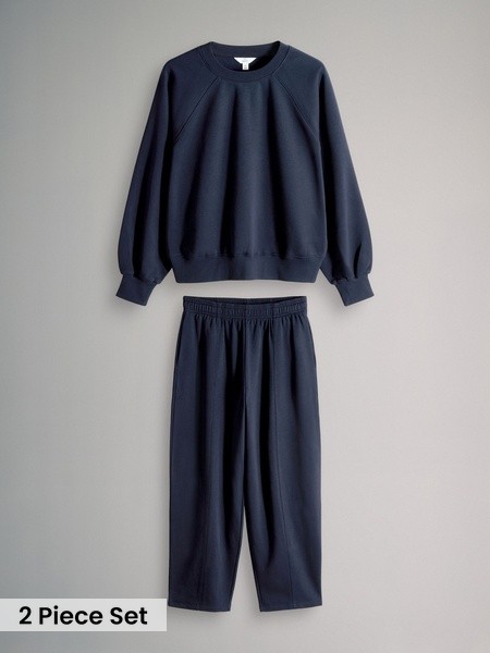 Navy 2 Pack Raglan Crew Neck Sweatshirt And Barrel Leg Joggers Set (H47046) | £30