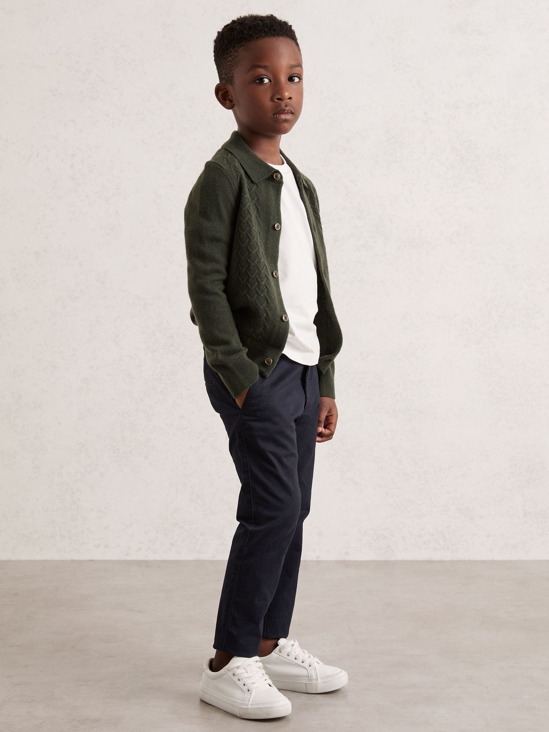 3-9 yrs Wool V-Stitch Button-Through Cardigan in Forest Green (H47157) | £40