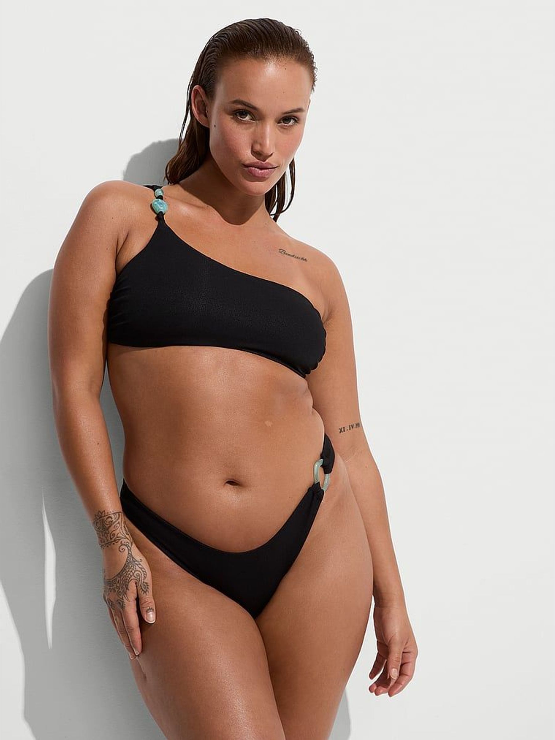 Black One Shoulder Beaded Bikini Top (H47966) | £58