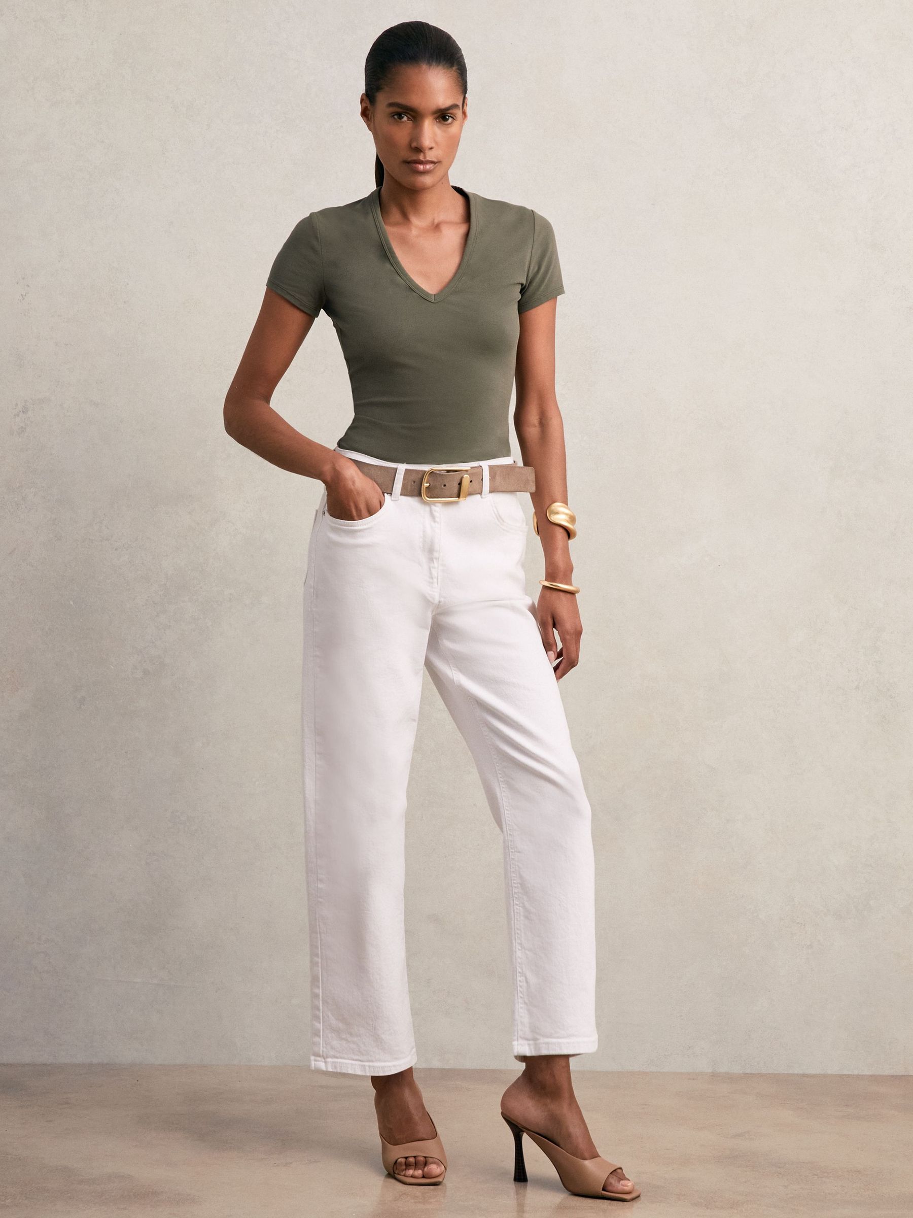 Stretch Cotton V-Neck T-Shirt in Khaki Green (H48587) | £40