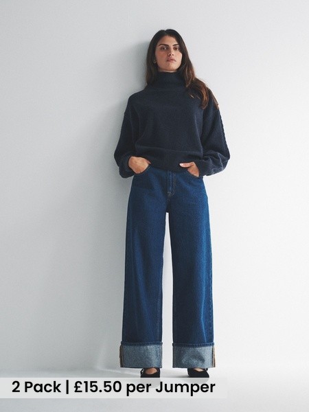 Chocolate Brown/Navy Blue 2 Pack High Neck Cable Jumpers (H49262) | £31