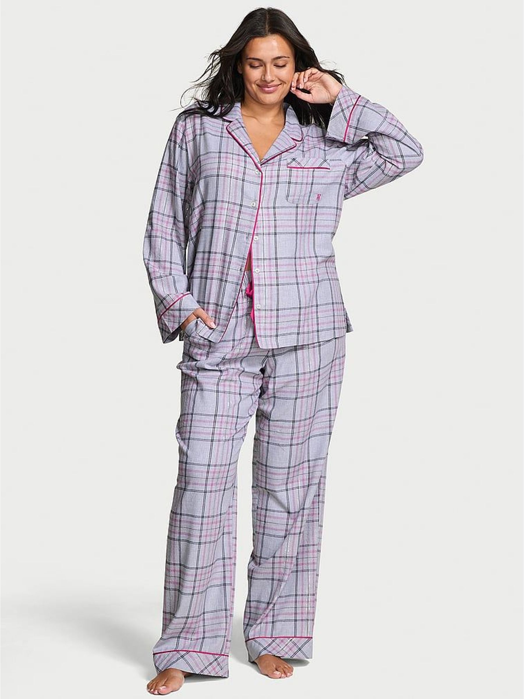 Heather Medium Grey Christmas Tartan Flannel Long Pyjamas Set (H49676) | £60