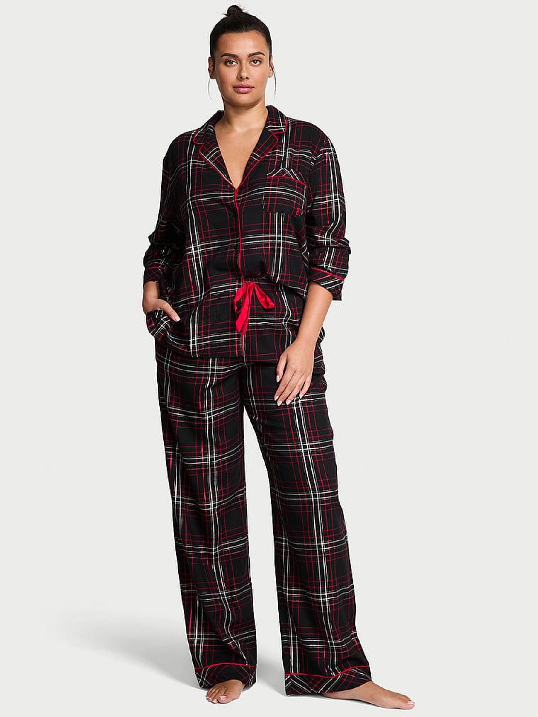 Black & Red Christmas Tartan Flannel Long Pyjamas Set (H49678) | £60