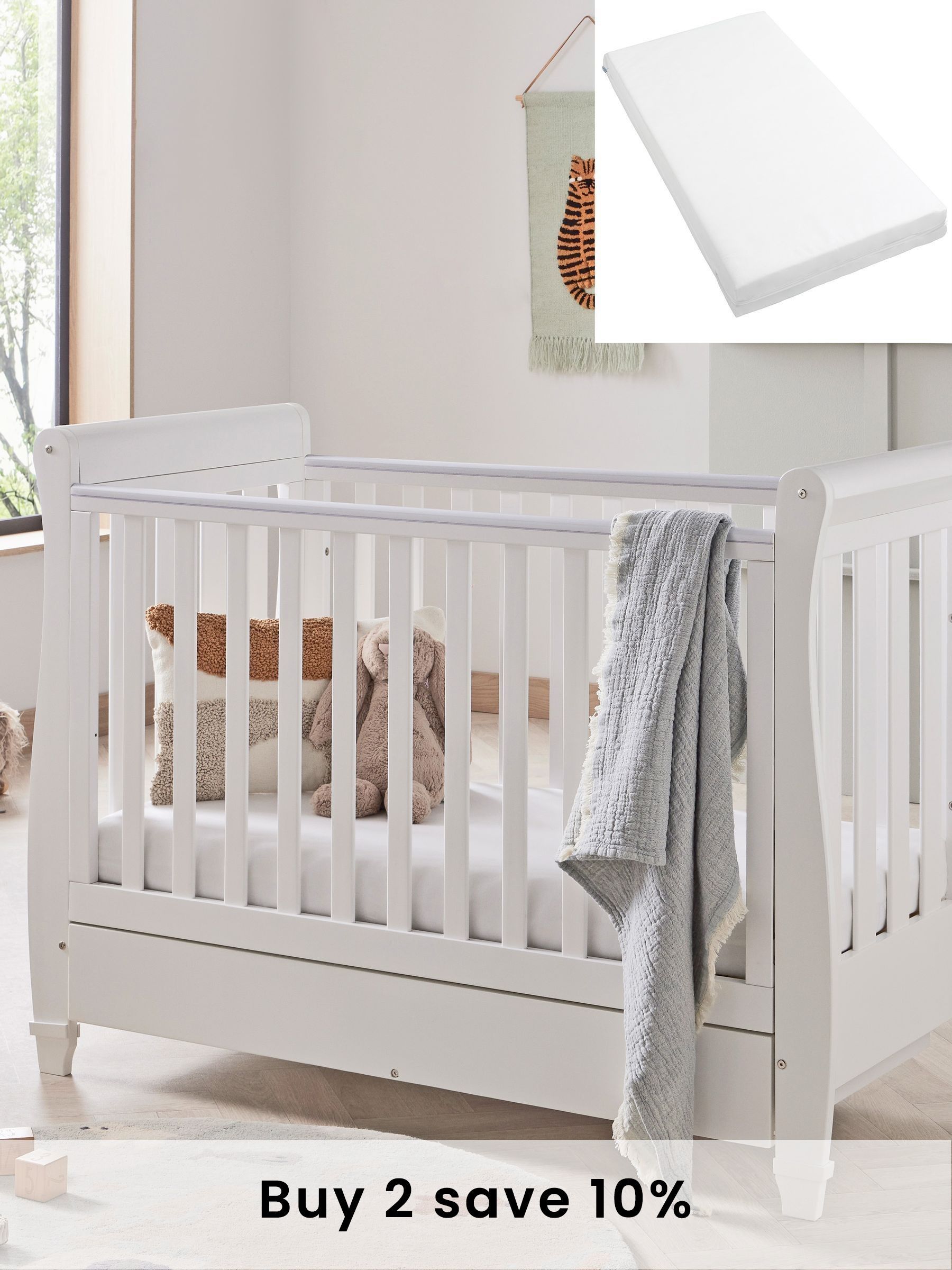 Babymore White Eva Cot Bed with Fibre Mattress (H49841) | £270