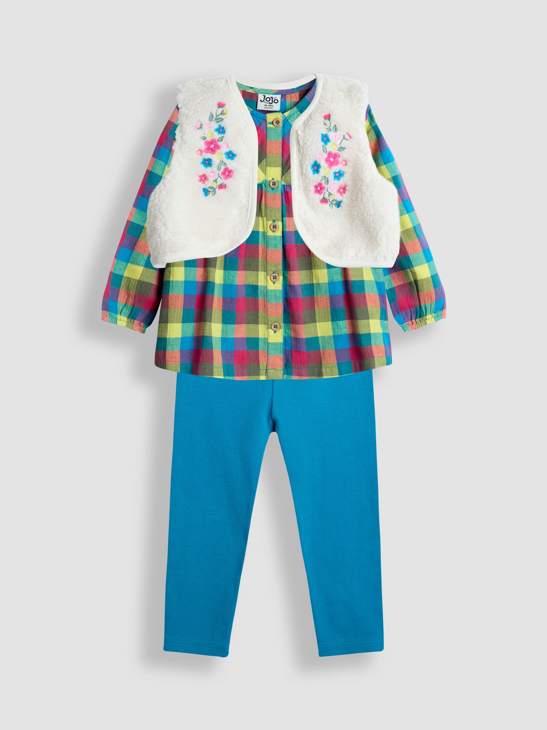 Green Check Blouse, Leggings & Borg Gilet Set (H50069) | £36 - £42