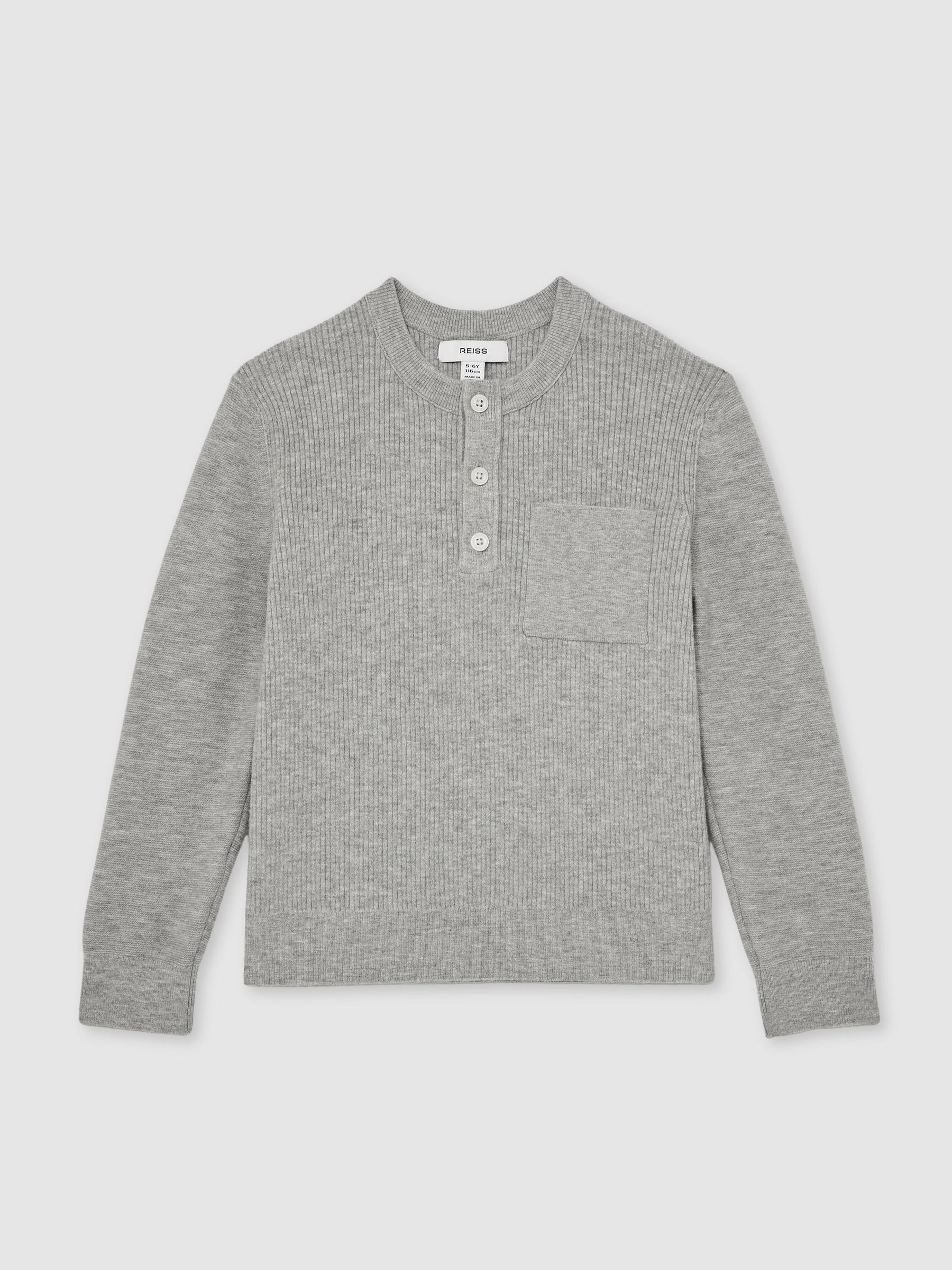 Cotton Blend Rib-Knit Henley Top in Mid Grey Melange (H50337) | £44