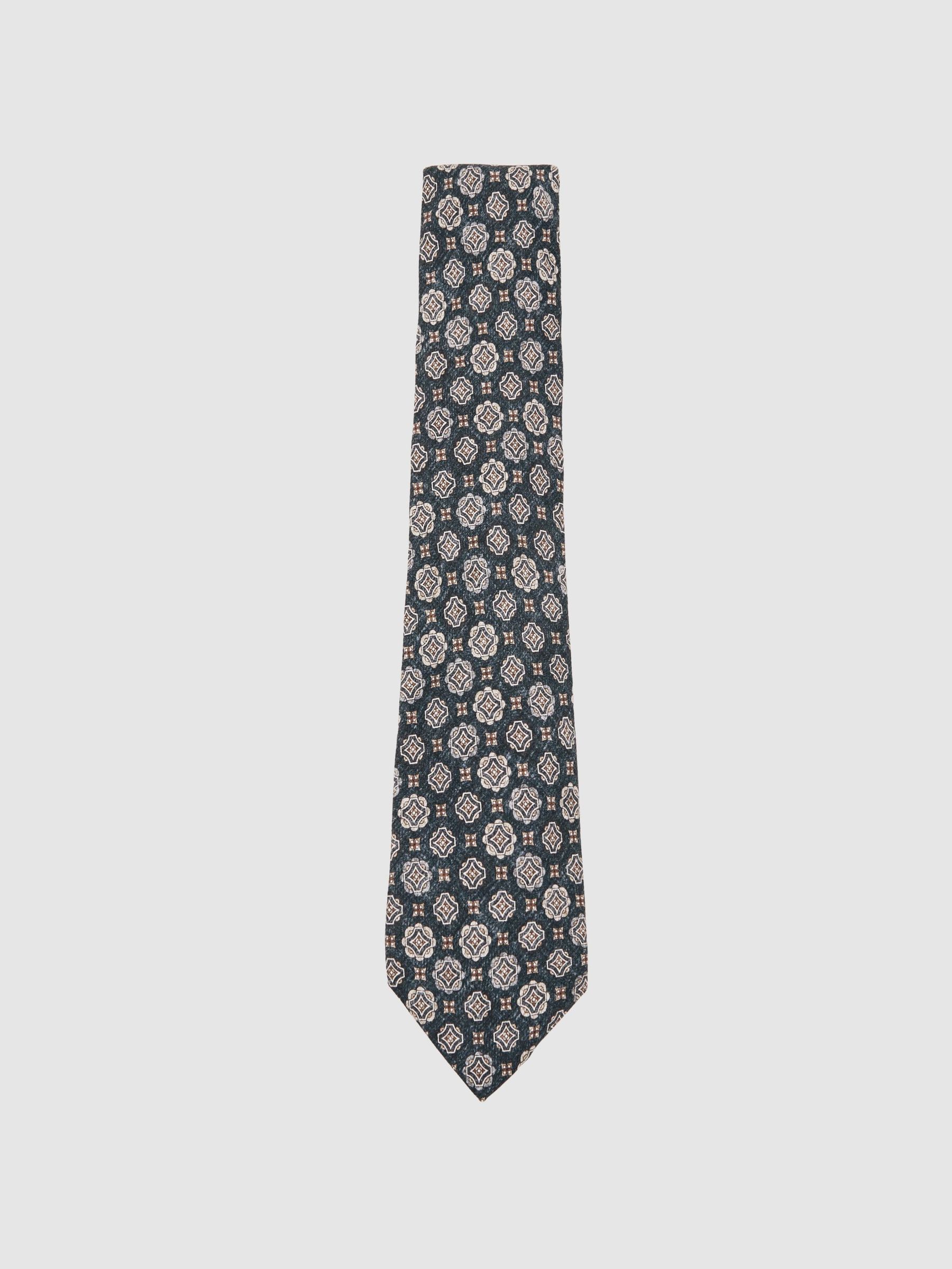 Silk Medallion Print Tie in Indigo Melange (H50985) | £68