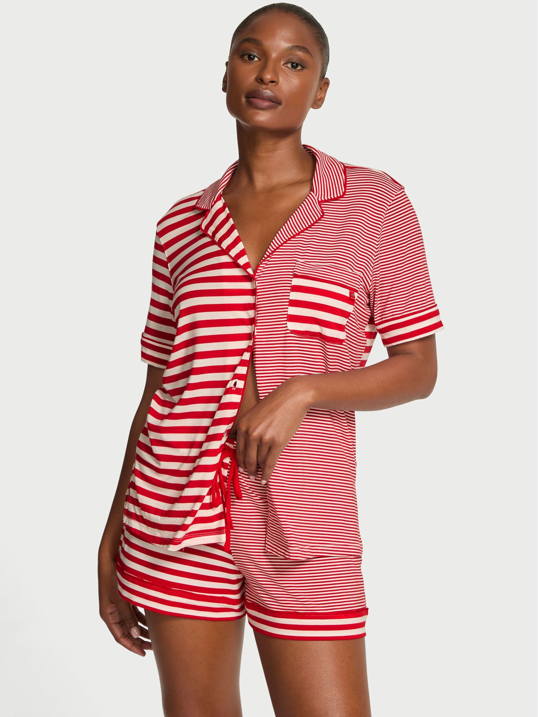 Lipstick Red and White Stripe Modal Short Pyjamas Set (H51106) | £56