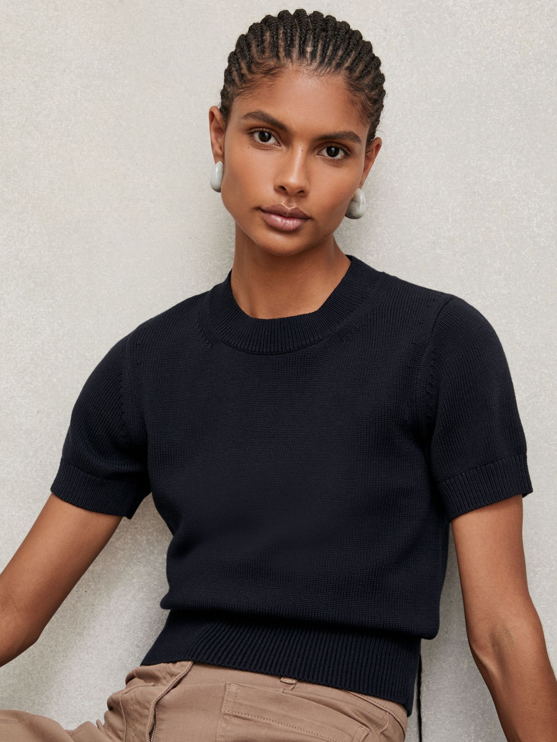 Cotton And Wool Crew-Neck Top in Navy (H52171) | £88