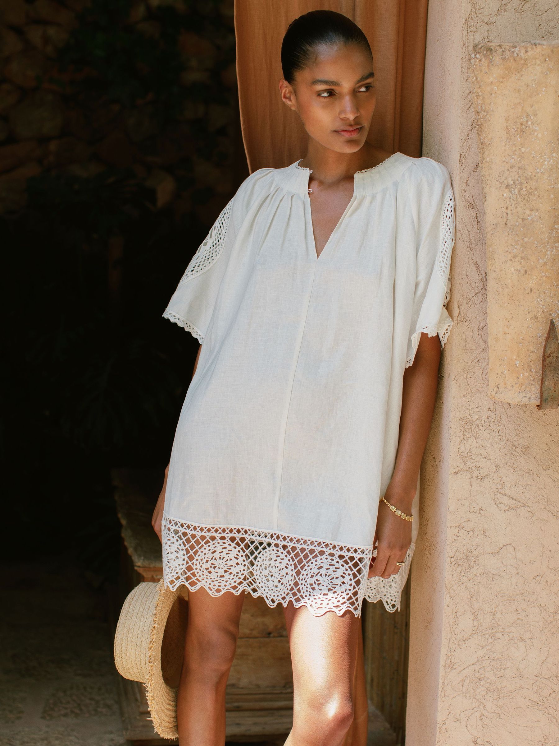 Linen Embroidered Shift Dress in Ivory (H52177) | £230