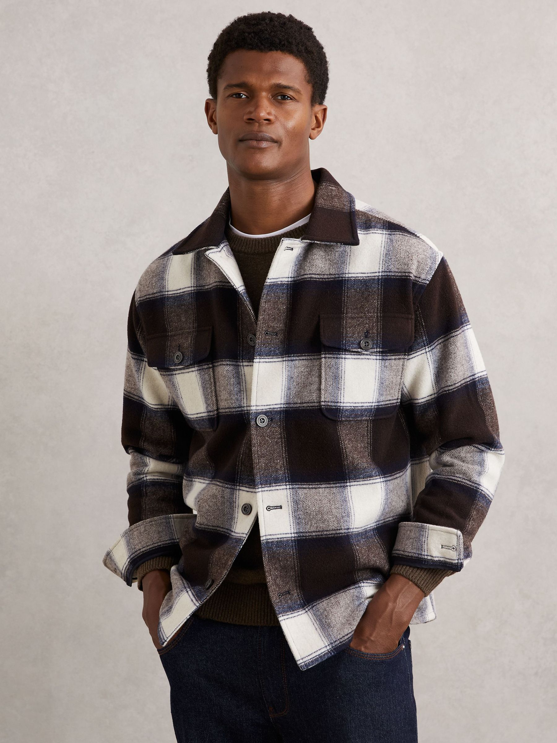 Wool-Blend Check Overshirt in Navy Multi (H52185) | £138