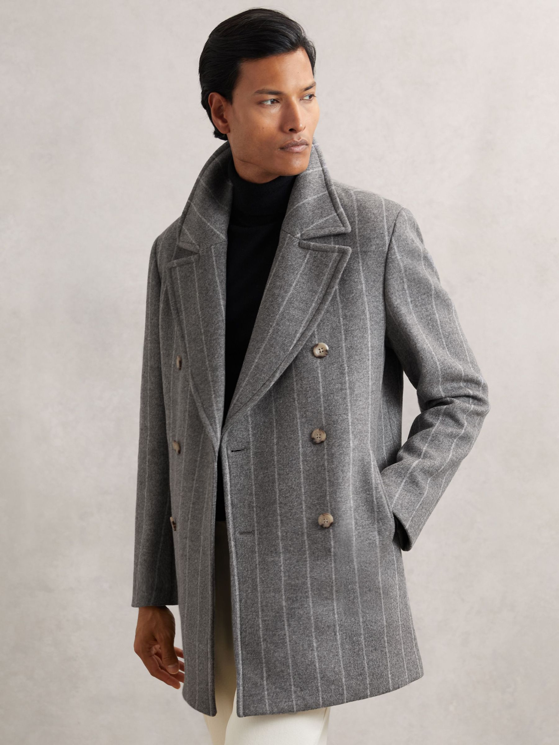 Wool-Blend Chalk-Stripe Pea Coat in Grey (H52251) | £348
