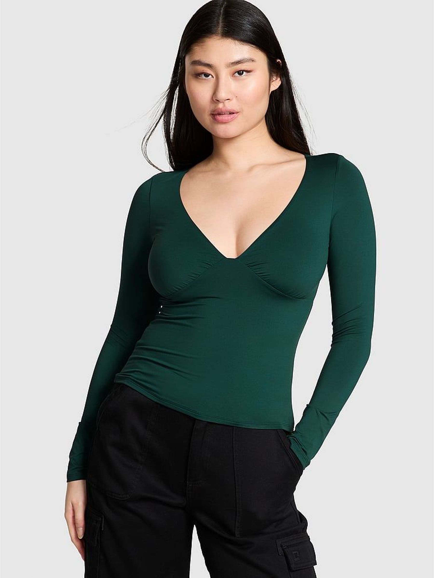 Deep Forest Green Ruched Long Sleeve Stretch T-Shirt (H52995) | £30