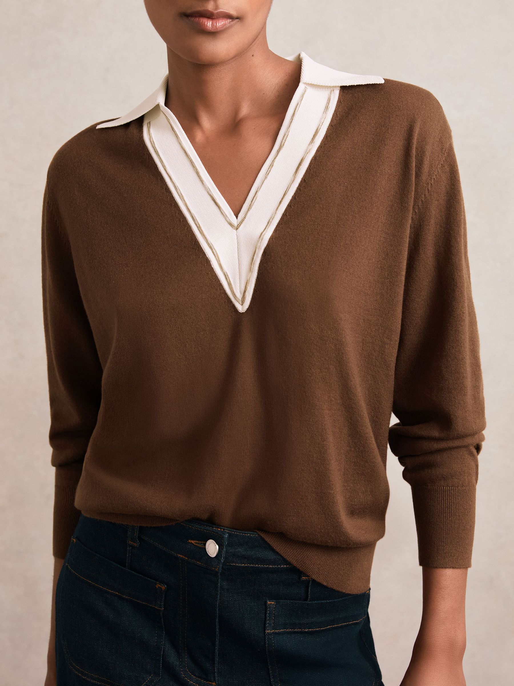 Wool Collared Cricket Jumper in Chocolate Brown/Ivory (H54748) | £120
