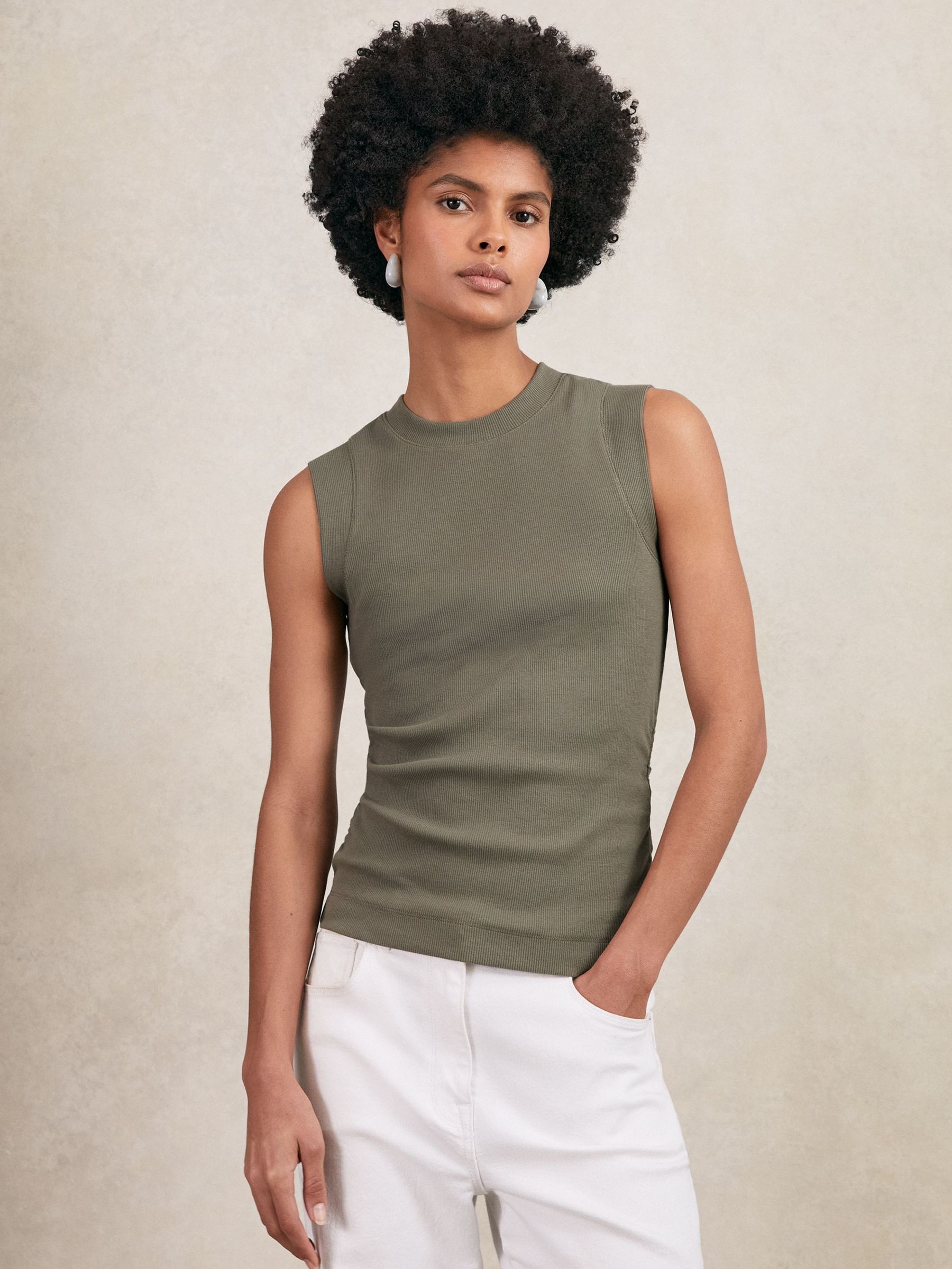 Fine-Rib Ruched Vest Top in Khaki Green (H54759) | £38