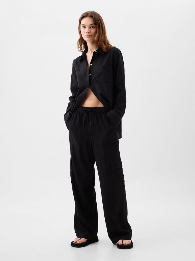 Black Linen Blend Wide Leg Cargo Pull On Trousers (H56190) | £24