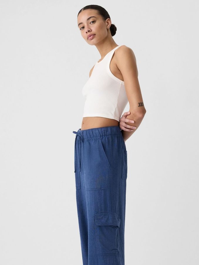 Blue Linen Blend Wide Leg Cargo Pull On Trousers (H56664) | £24