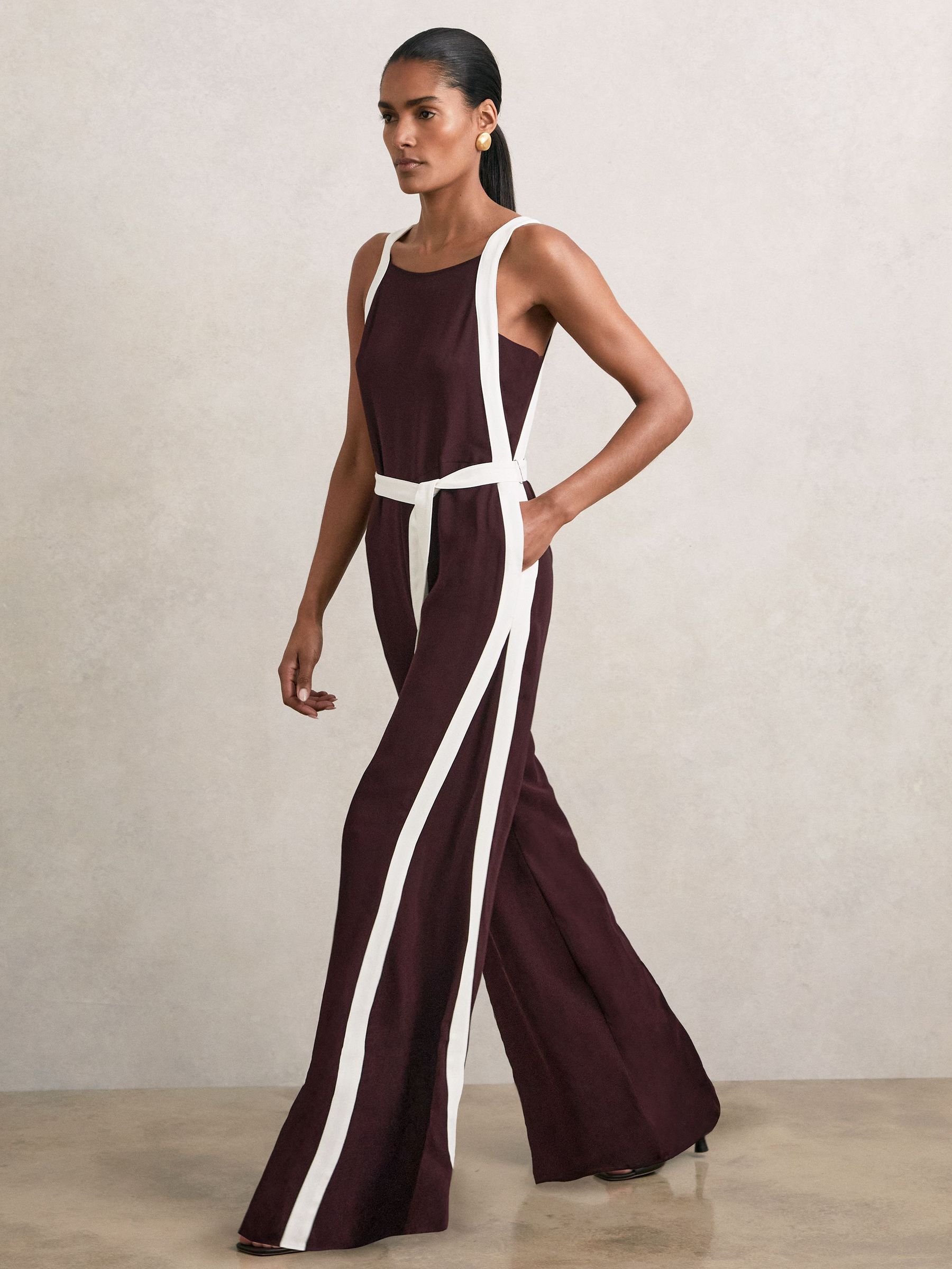 Petite Colourblock Wide Leg Belted Jumpsuit in Burgundy/Cream (H57198) | £270