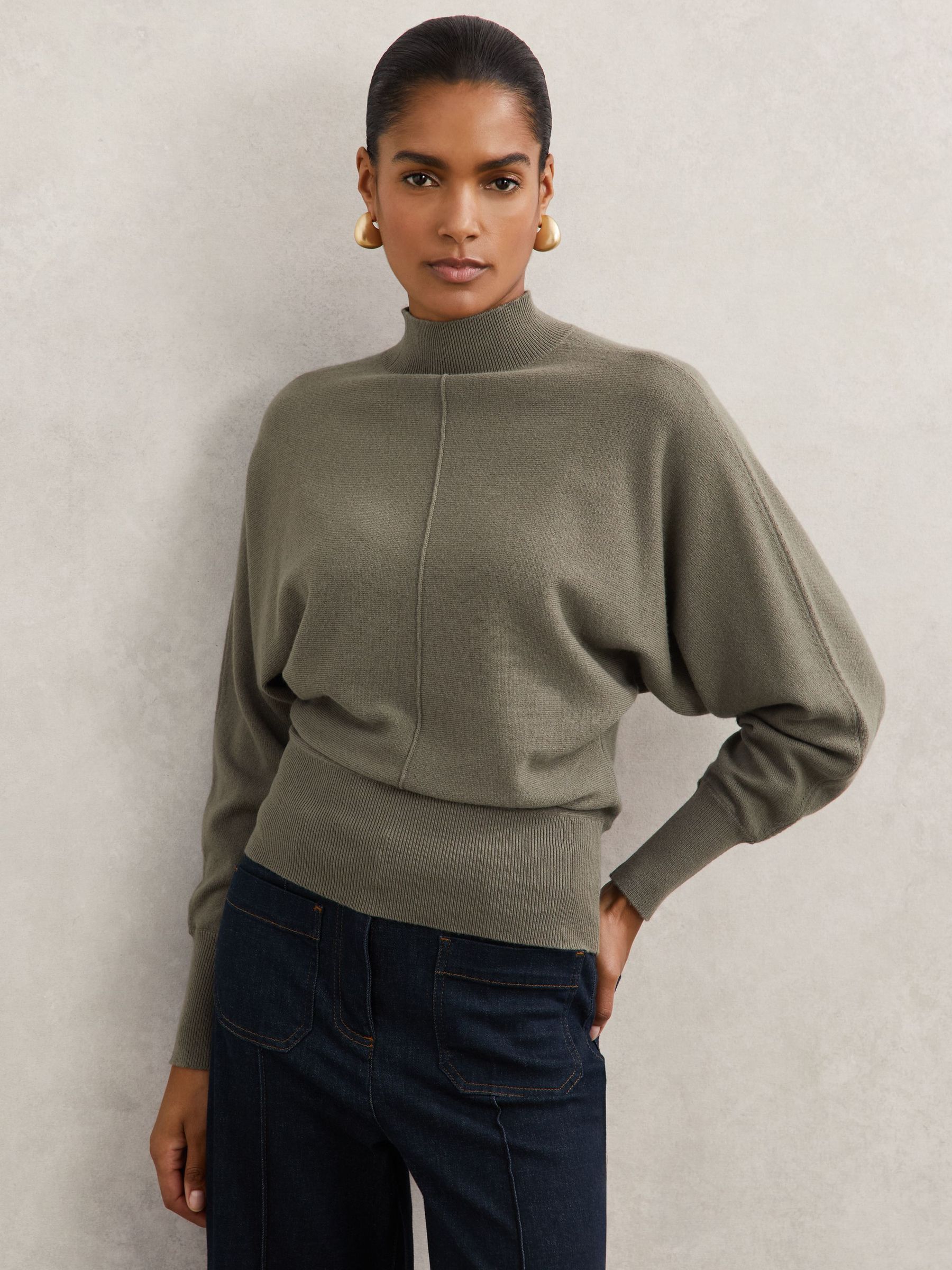 Wool-Blend Funnel-Neck Batwing Jumper with Cashmere in Sage Green (H57220) | £98